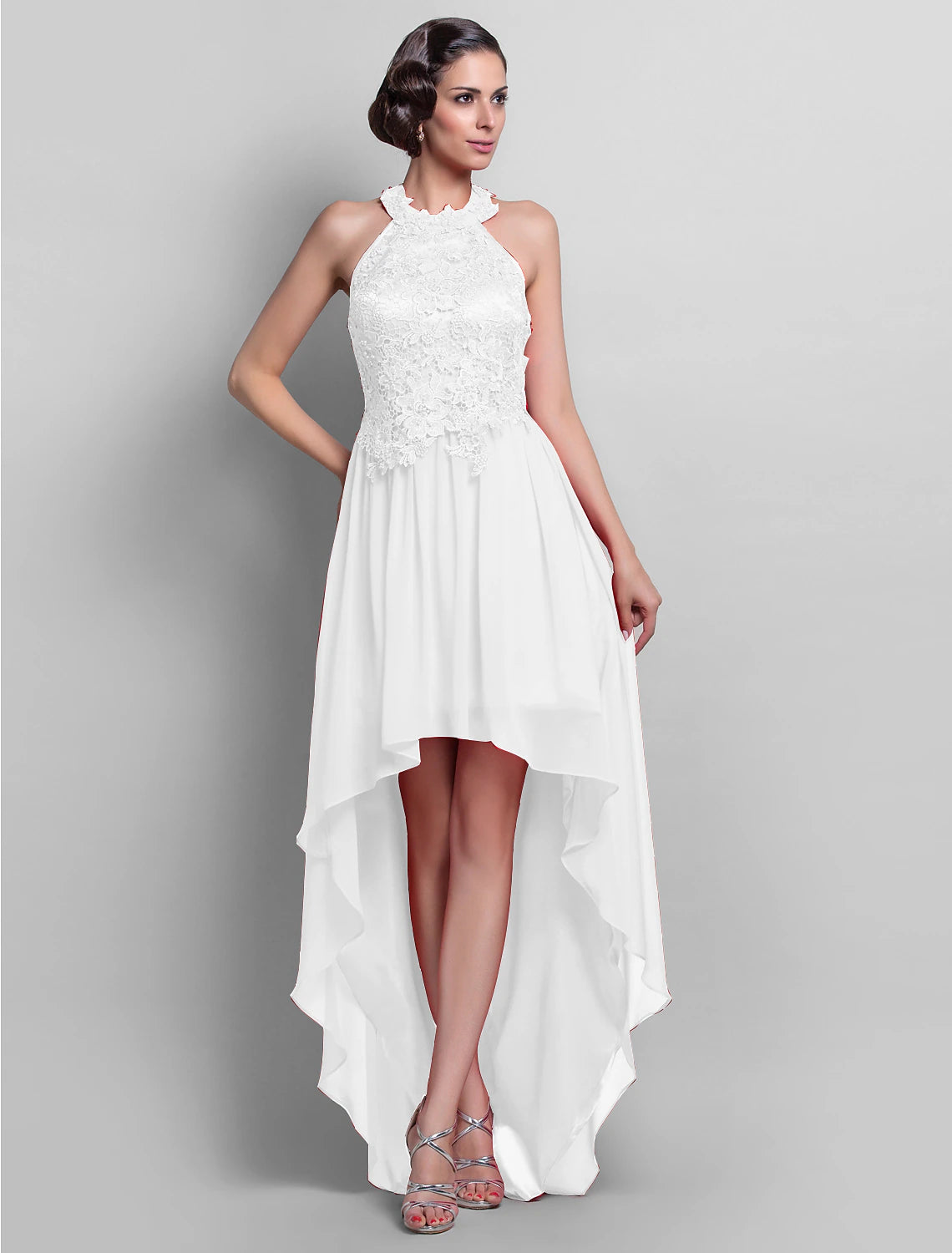 Sheath / Column Open Back Dress Wedding Guest Cocktail Party Asymmetrical Sleeveless Halter Neck Chiffon Backless with Appliques