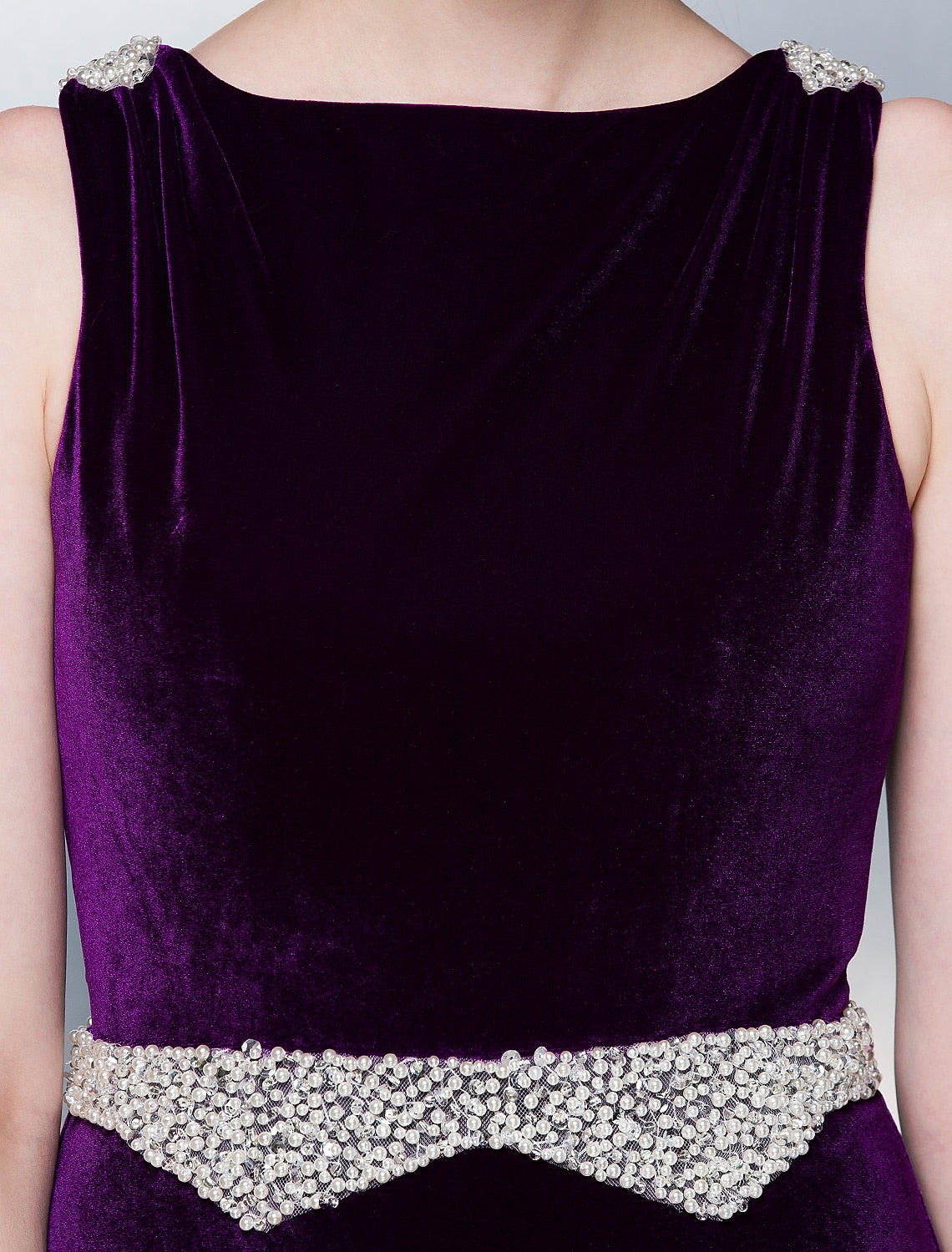 A-Line Open Back Formal Evening Dress Bateau Neck Sleeveless Court Train Velvet with Sash / Ribbon Pearls Beading