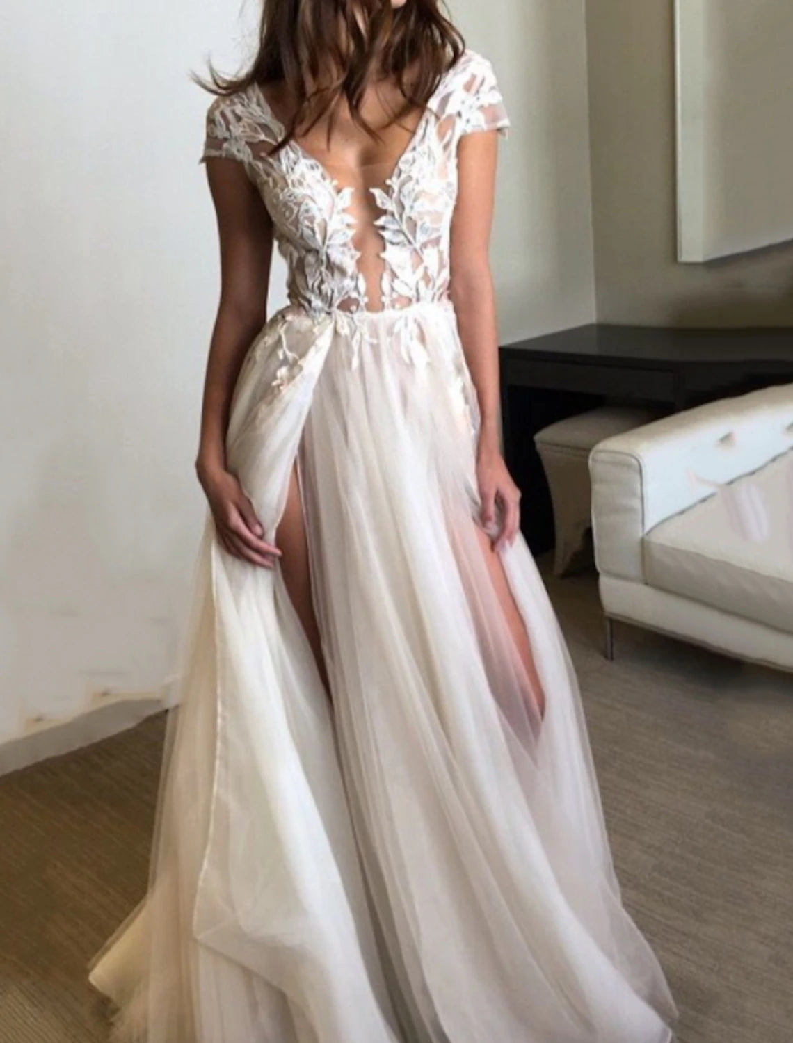 Beach Wedding Dresses A-Line Illusion Neck Cap Sleeve Sweep / Brush Train Lace Bridal Gowns With Split Front