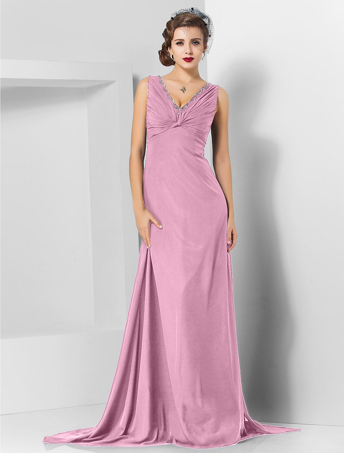 Sheath / Column Elegant Engagement Formal Evening Dress V Neck Sleeveless Sweep / Brush Train Chiffon with Crystals Draping