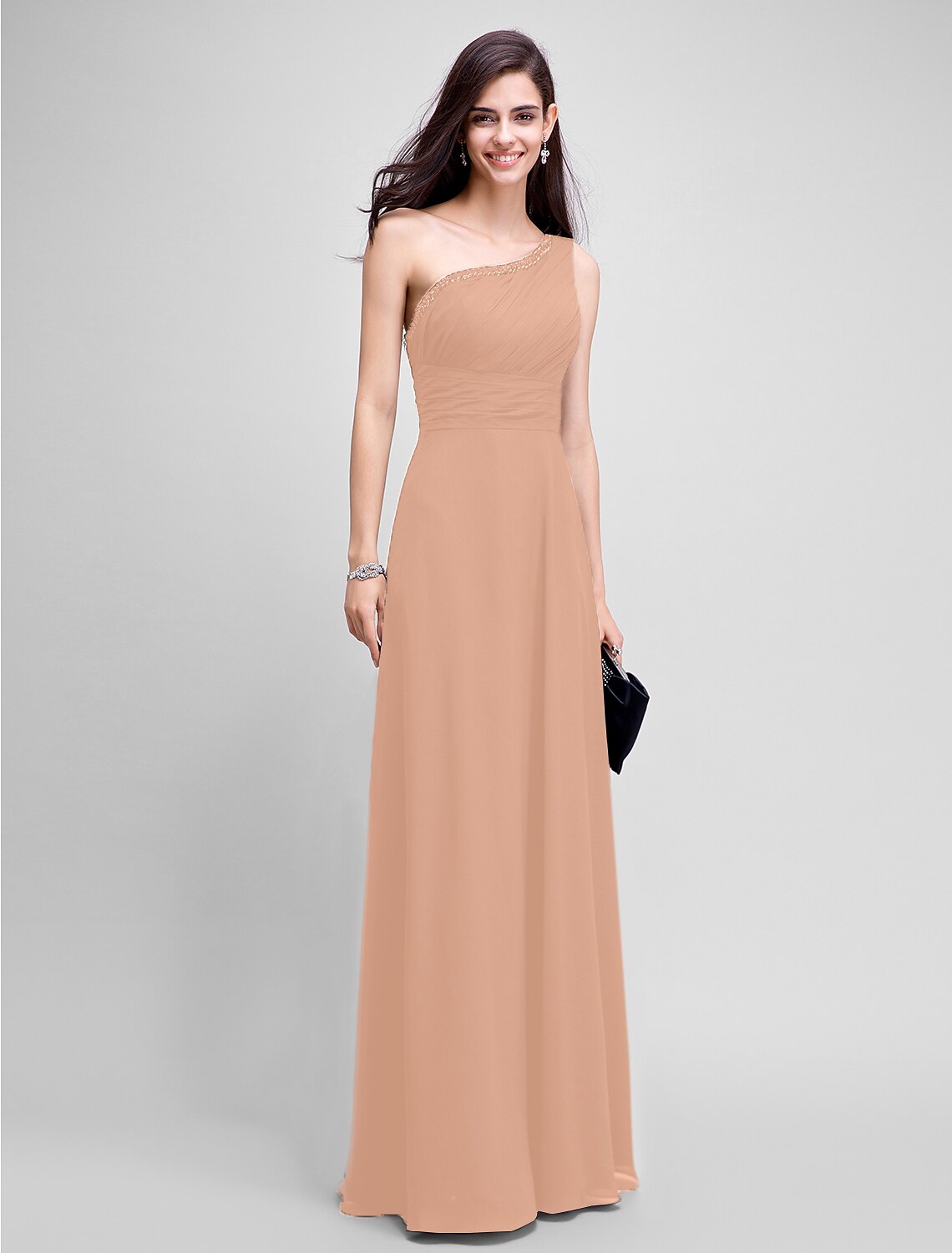 Sheath / Column Empire Dress Wedding Guest Formal Evening Floor Length Sleeveless One Shoulder Bridesmaid Dress Chiffon with Ruched Beading