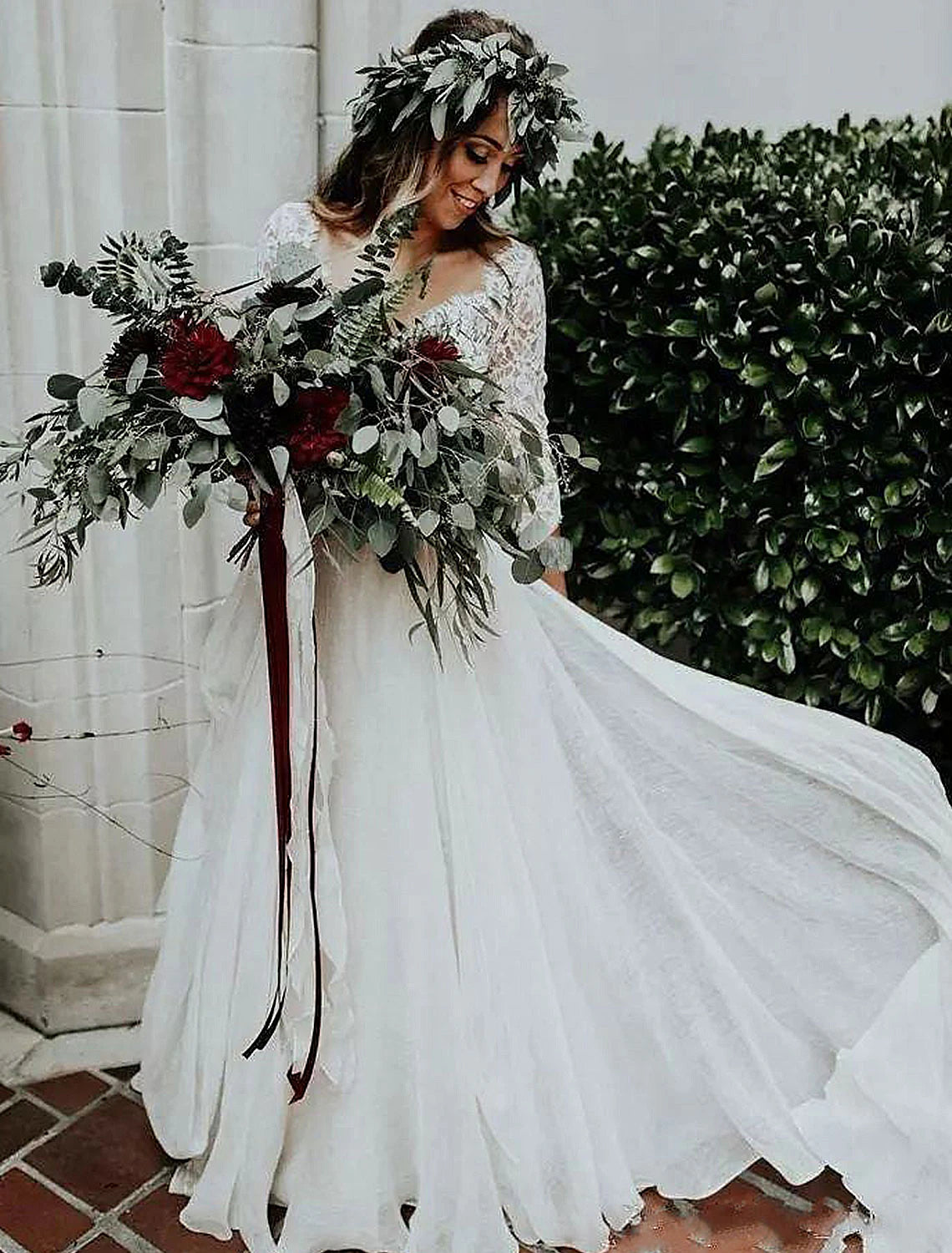 Boho Wedding Dresses Ball Gown V Neck 3/4 Length Sleeve Sweep / Brush Train Chiffon Bridal Suits Bridal Gowns With Pleats 2023 Summer Wedding Party