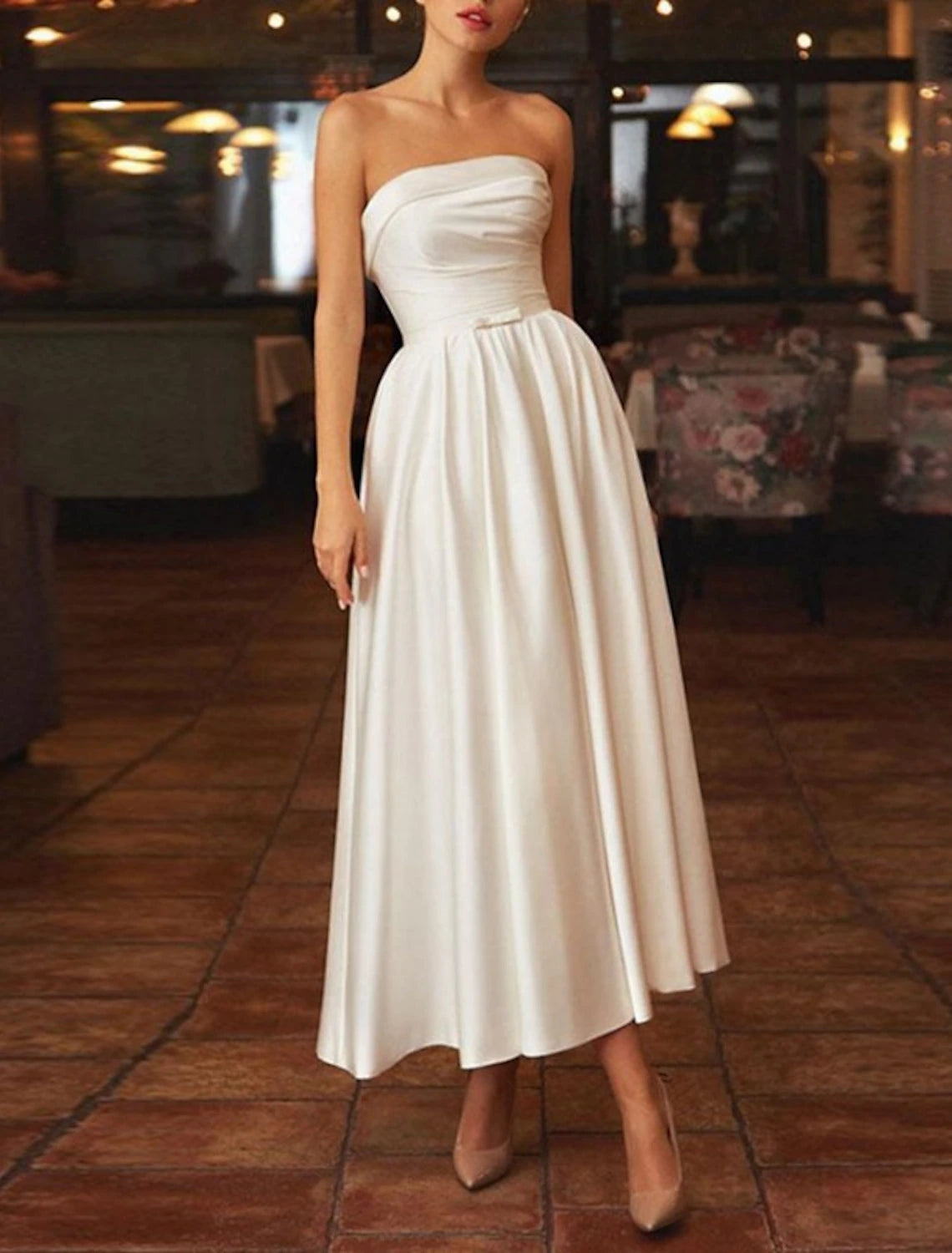 Bridal Shower Little White Dresses Wedding Dresses A-Line Square Neck Strapless Tea Length Charmeuse Bridal Gowns With Bow(s) Pleats
