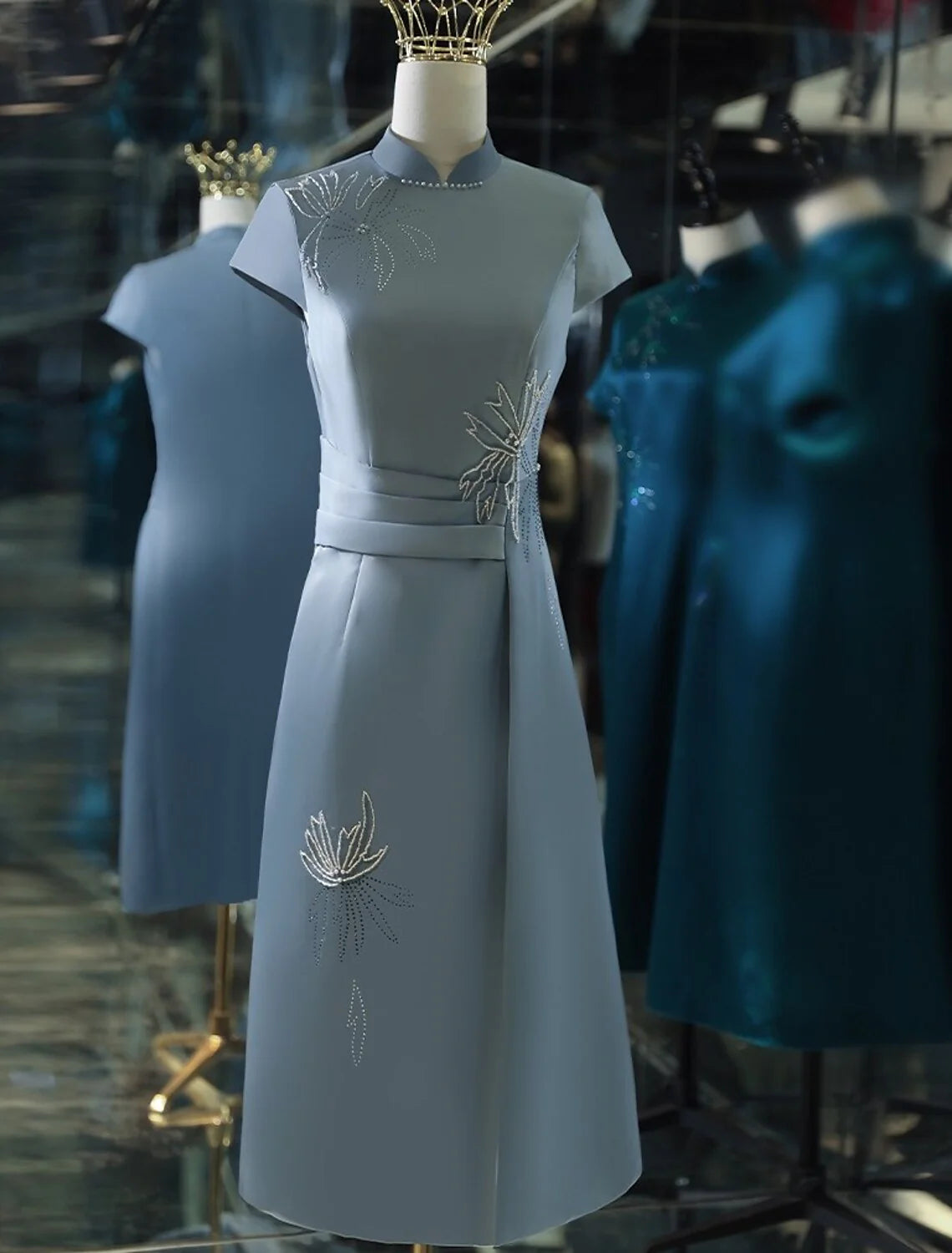 DingjiA-Line Cocktail Dresses Elegant Dress Wedding Party Tea Length Short Sleeve Stand Collar Satin with Appliques