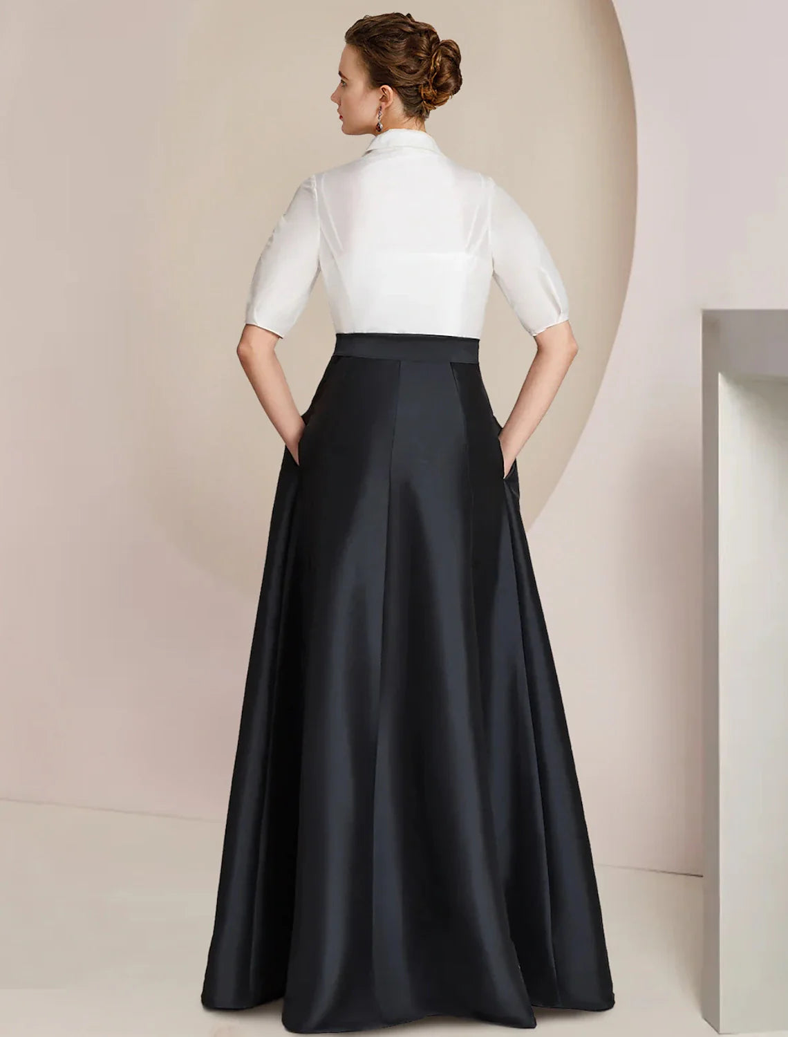 DingjiA-Line Mother of the Bride Dress Formal Wedding Guest Party Elegant Shirt Collar Floor Length Taffeta Short Sleeve with Bow(s) Color Block