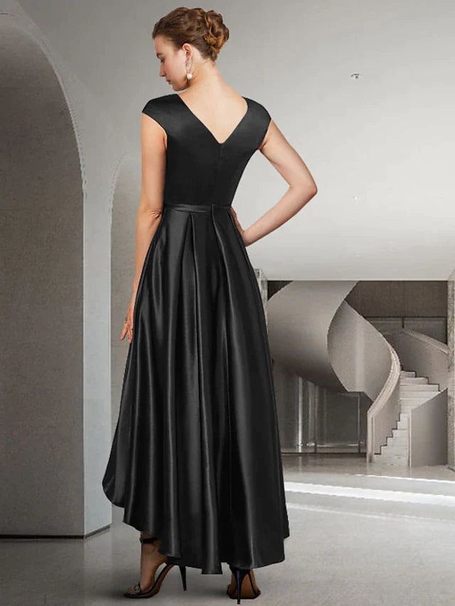 DingjiA-Line Mother of the Bride Dress Elegant High Low Jewel Neck Asymmetrical Satin Sleeveless with Bow(s) Pleats