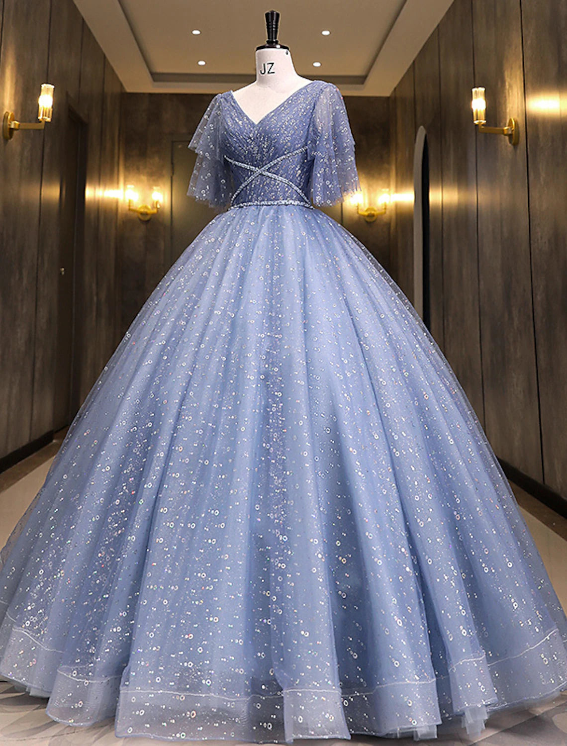 Ball Gown Quinceanera Dresses Princess Dress Performance Quinceanera Floor Length Short Sleeve V Neck Polyester with Sequin