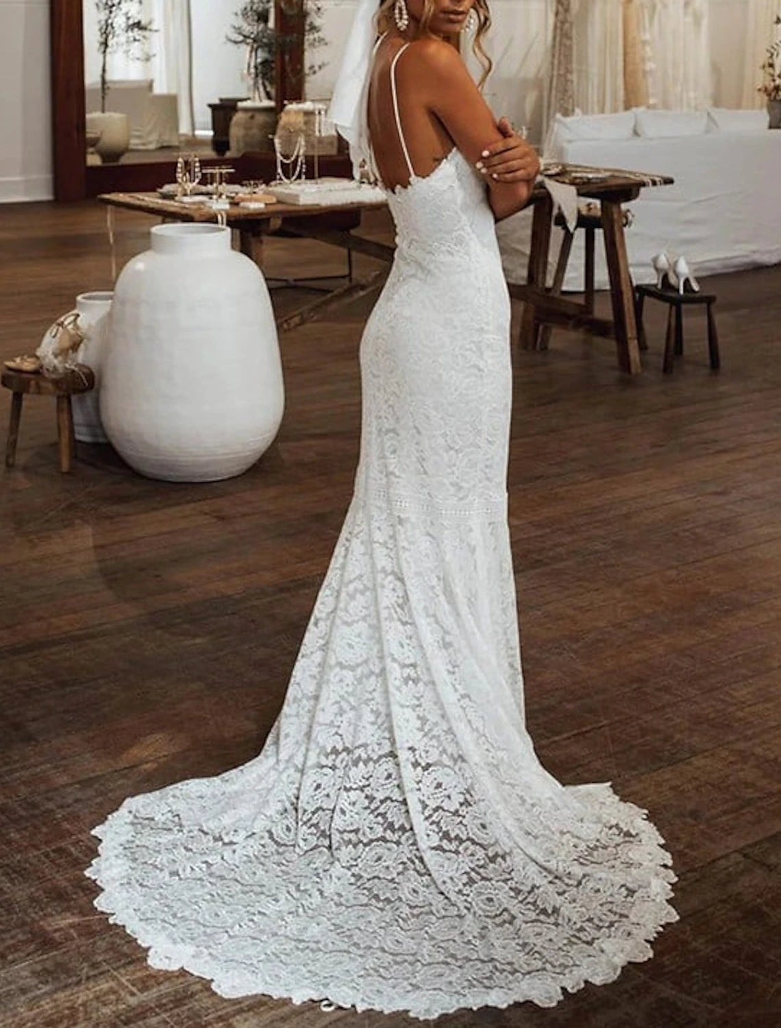 Beach Boho Wedding Dresses Mermaid / Trumpet Sweetheart Camisole Spaghetti Strap Court Train Lace Bridal Gowns With Appliques Solid Color