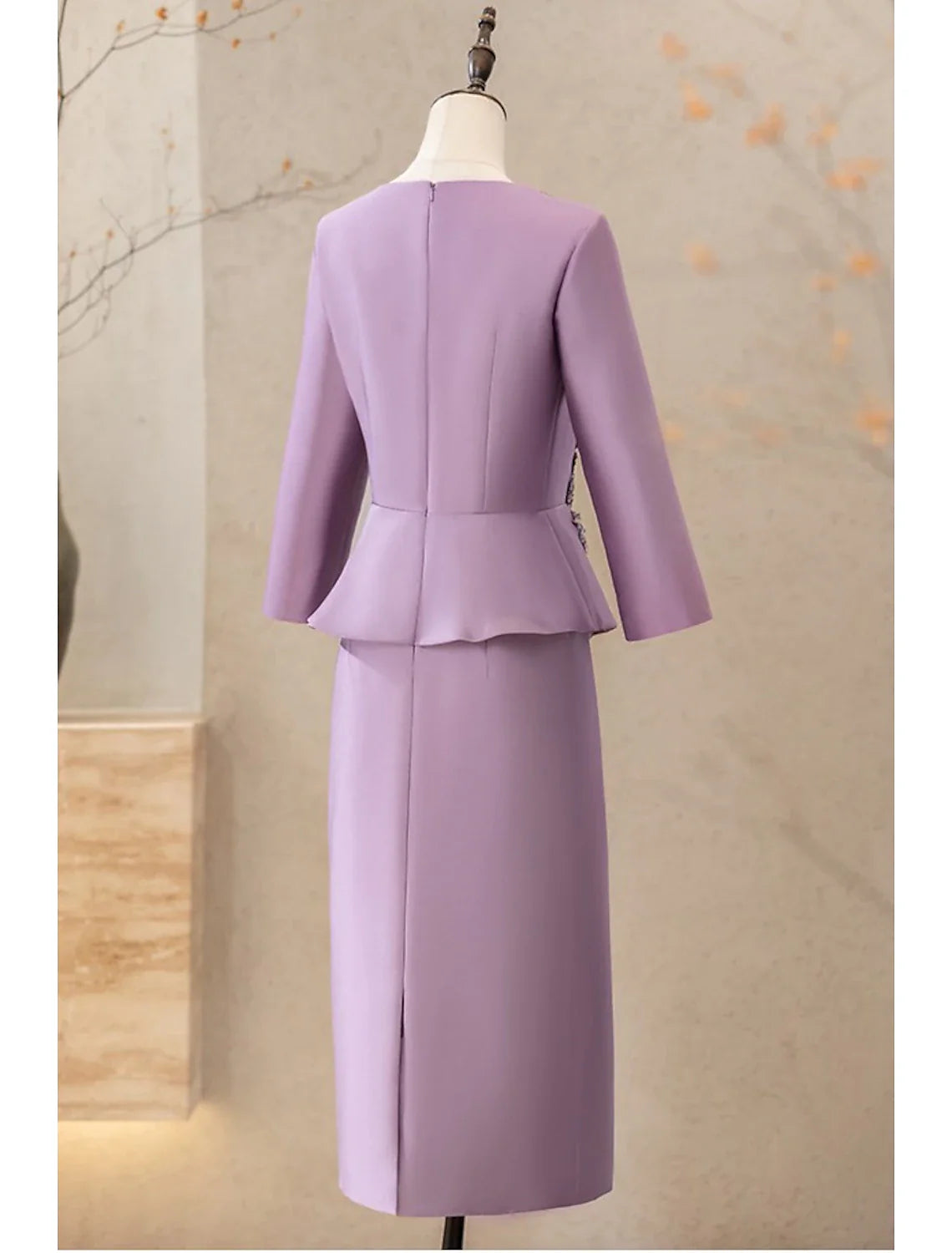 DingjiTwo Piece Cocktail Dresses Elegant Dress Wedding Party Tea Length Long Sleeve V Neck Satin with Appliques