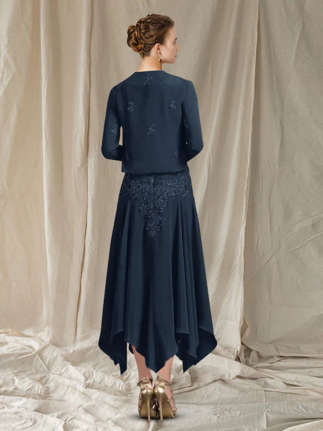 DingjiTwo Piece A-Line Mother of the Bride Dress Elegant V Neck Ankle Length Chiffon Lace Sleeveless Wrap Included with Pleats Appliques