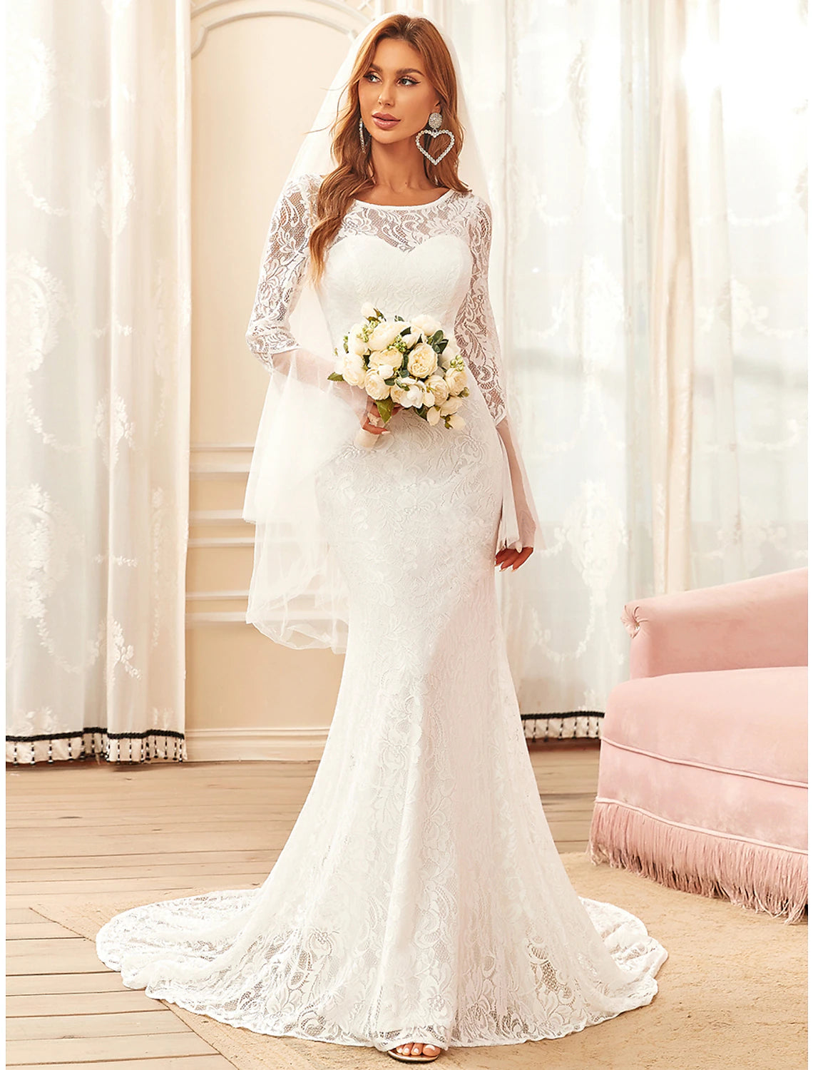Reception Boho Wedding Dresses Mermaid / Trumpet Illusion Neck Long Sleeve Sweep / Brush Train Lace Bridal Gowns With Lace  Summer Wedding Party