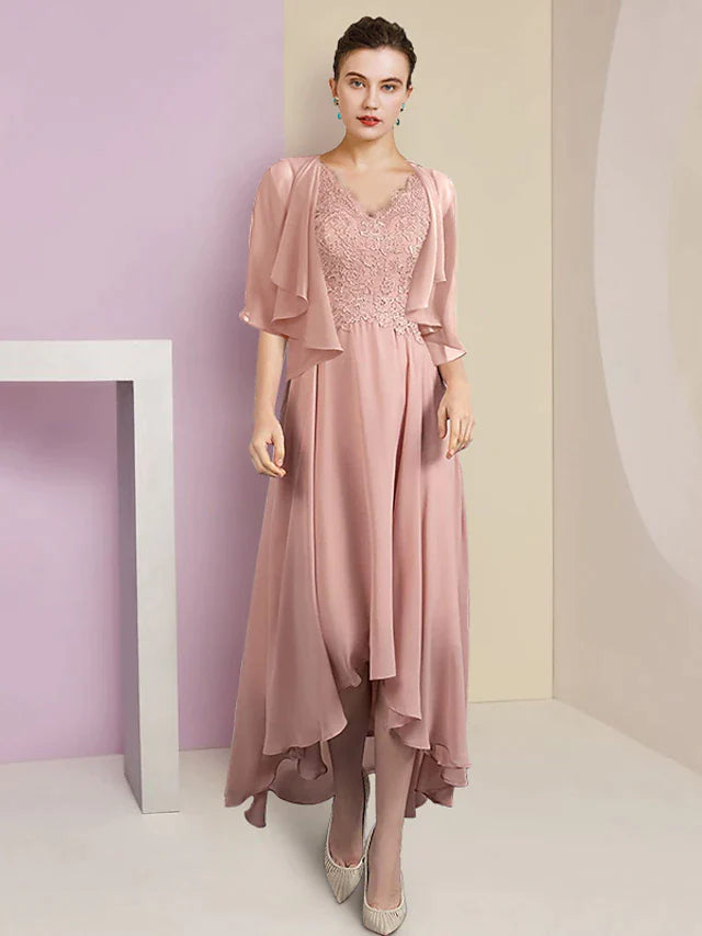 DingjiTwo Piece A-Line Mother of the Bride Dress Formal Wedding Guest Elegant High Low V Neck Asymmetrical Tea Length Chiffon Lace Short Sleeve Wrap Included with Pleats Appliques