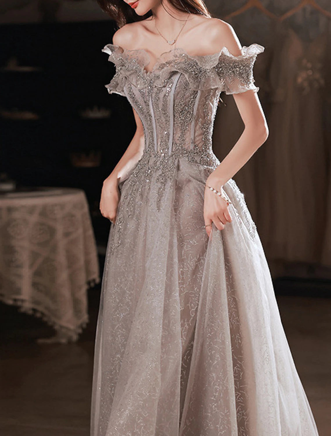 A-Line Sparkle & Shine Prom Formal Evening Dress Off Shoulder Short Sleeve Floor Length Polyester with Sequin Ruffles