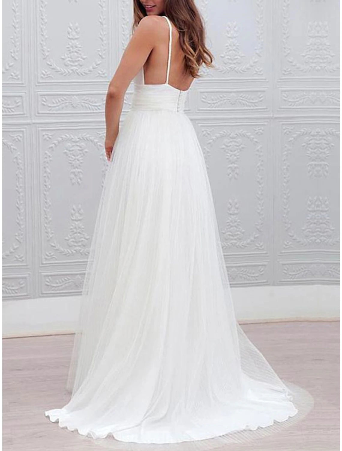 Hall Casual Wedding Dresses A-Line Sweetheart Camisole Spaghetti Strap Sweep / Brush Train Tulle Bridal Gowns With Pleats