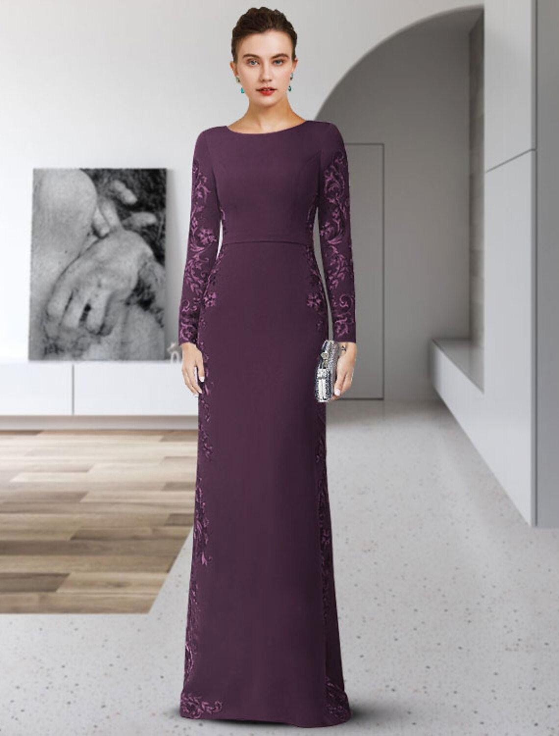 Sheath / Column Mother of the Bride Dress Elegant Jewel Neck Floor Length Chiffon Lace Long Sleeve with Sash / Ribbon Appliques 2023
