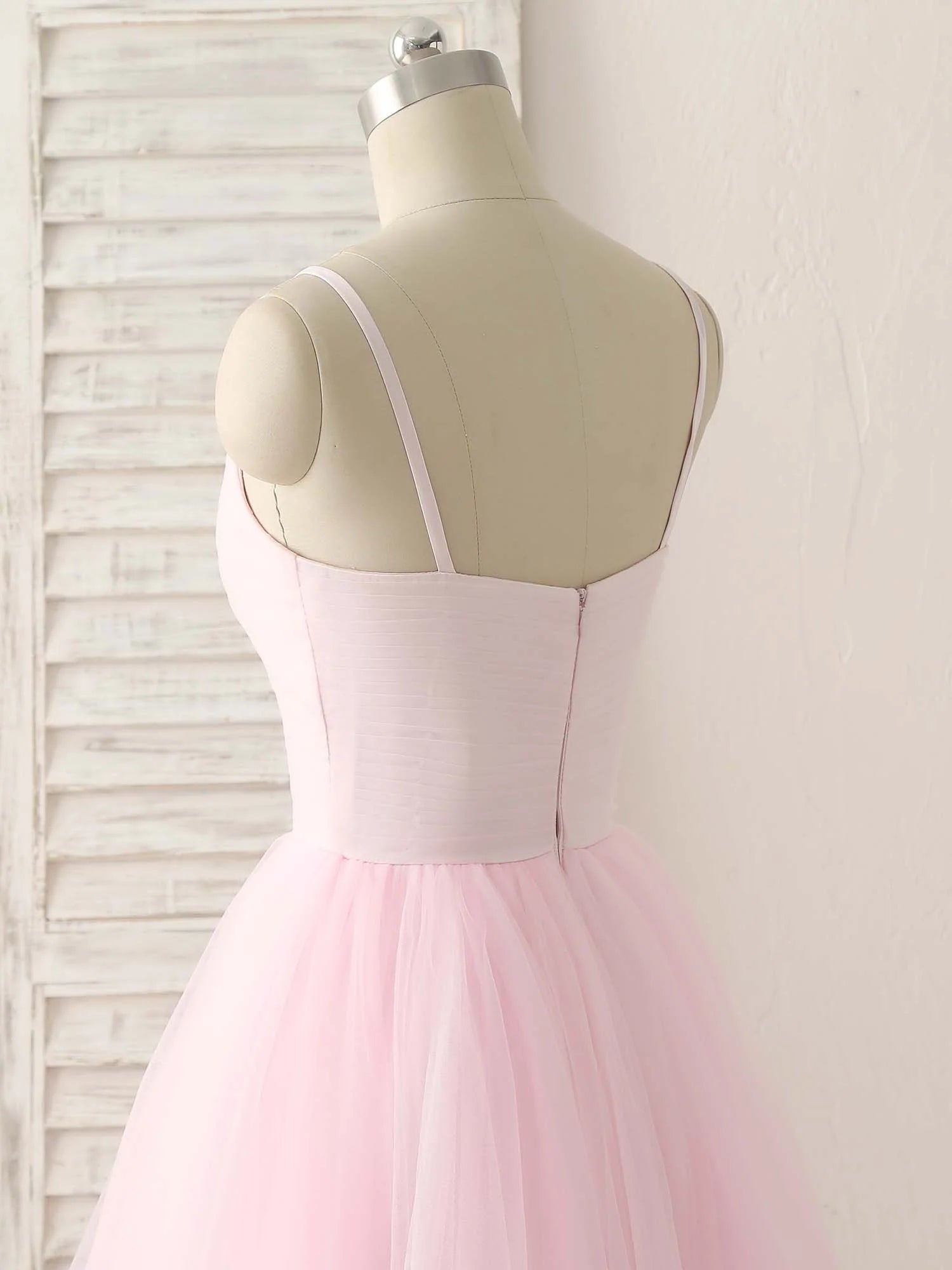 V Neck Tulle Long Prom Dress Simple Pink Tulle Evening Dress