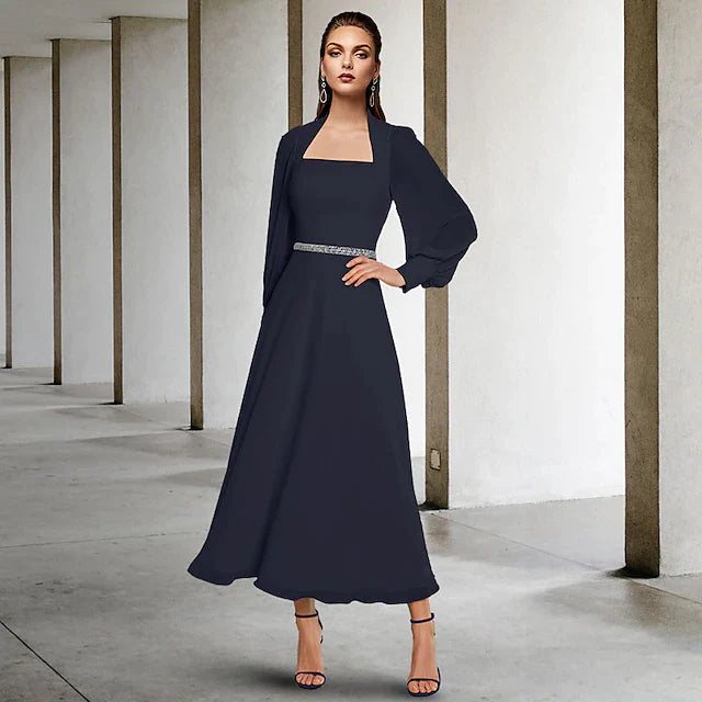 Two Piece A-Line Mother of the Bride Dress Church Elegant Square Neck Tea Length Chiffon Short Sleeve Wrap Included with Sash / Ribbon
