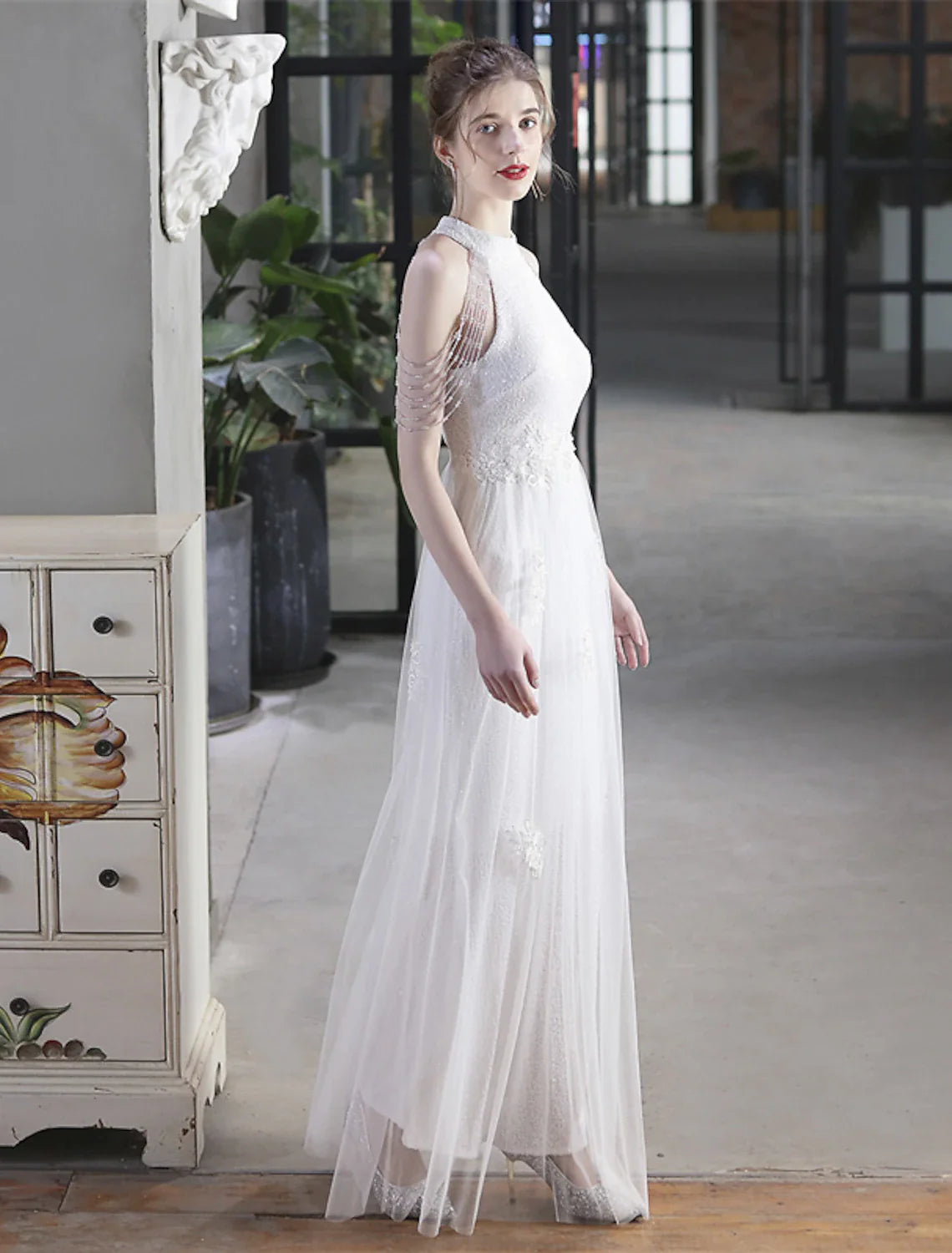 DingjiA-Line Prom Dresses Sparkle & Shine Dress Party Wear Floor Length Short Sleeve High Neck Polyester with Sequin Appliques