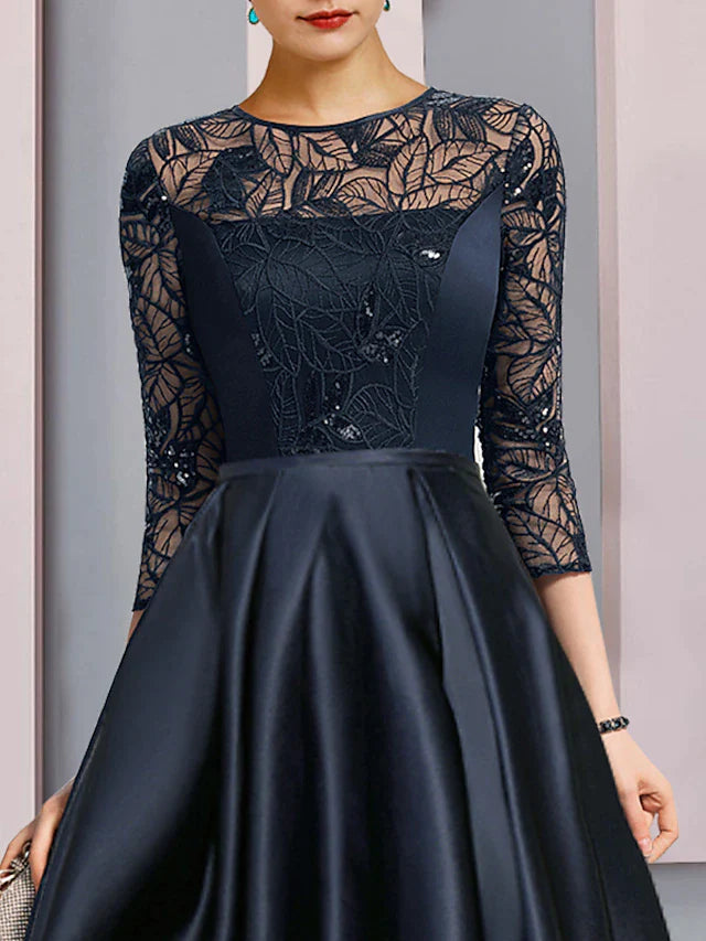 Dingji A-Line Mother of the Bride Dress Wedding Guest Vintage Party Jewel Neck Asymmetrical Satin Lace Sequined Half Sleeve with Pleats