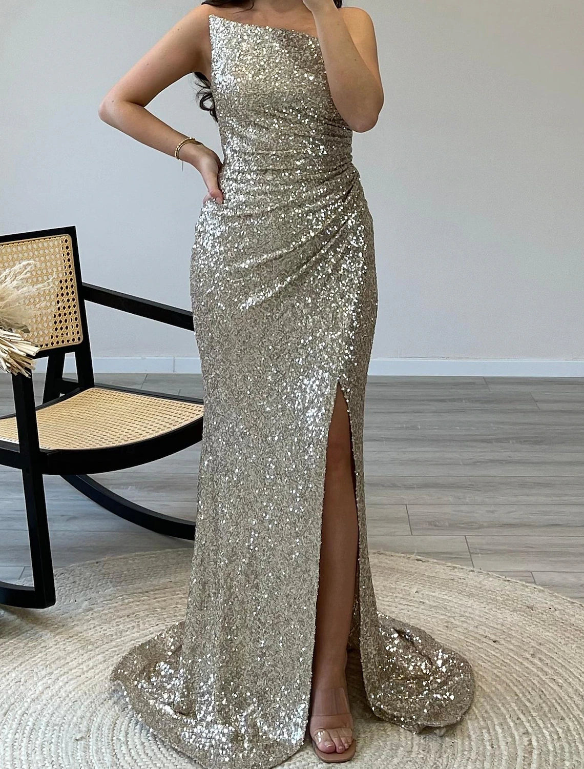 Mermaid / Trumpet Prom Dresses Sparkle Dress Evening Party Birthday Sleeveless Strapless Sequined with Sequin Slit