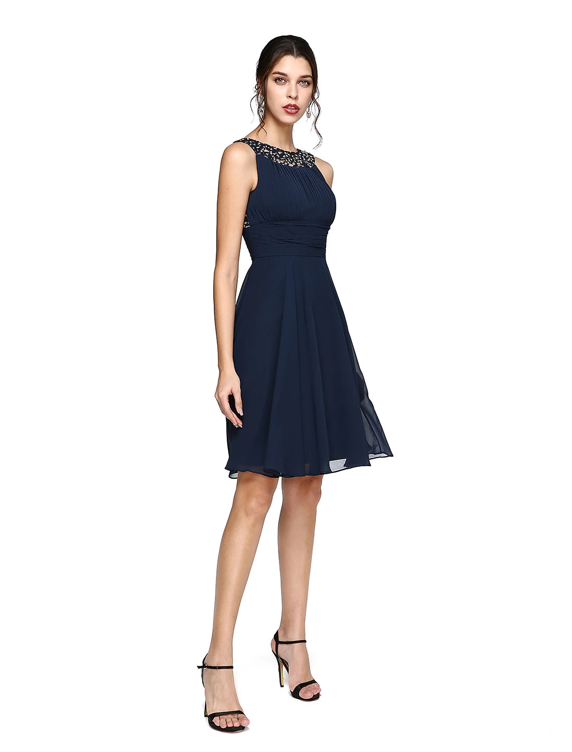 A-Line Cocktail Dresses Party Dress Wedding Guest Knee Length Sleeveless Illusion Neck Chiffon with Ruched Sequin Lace Insert