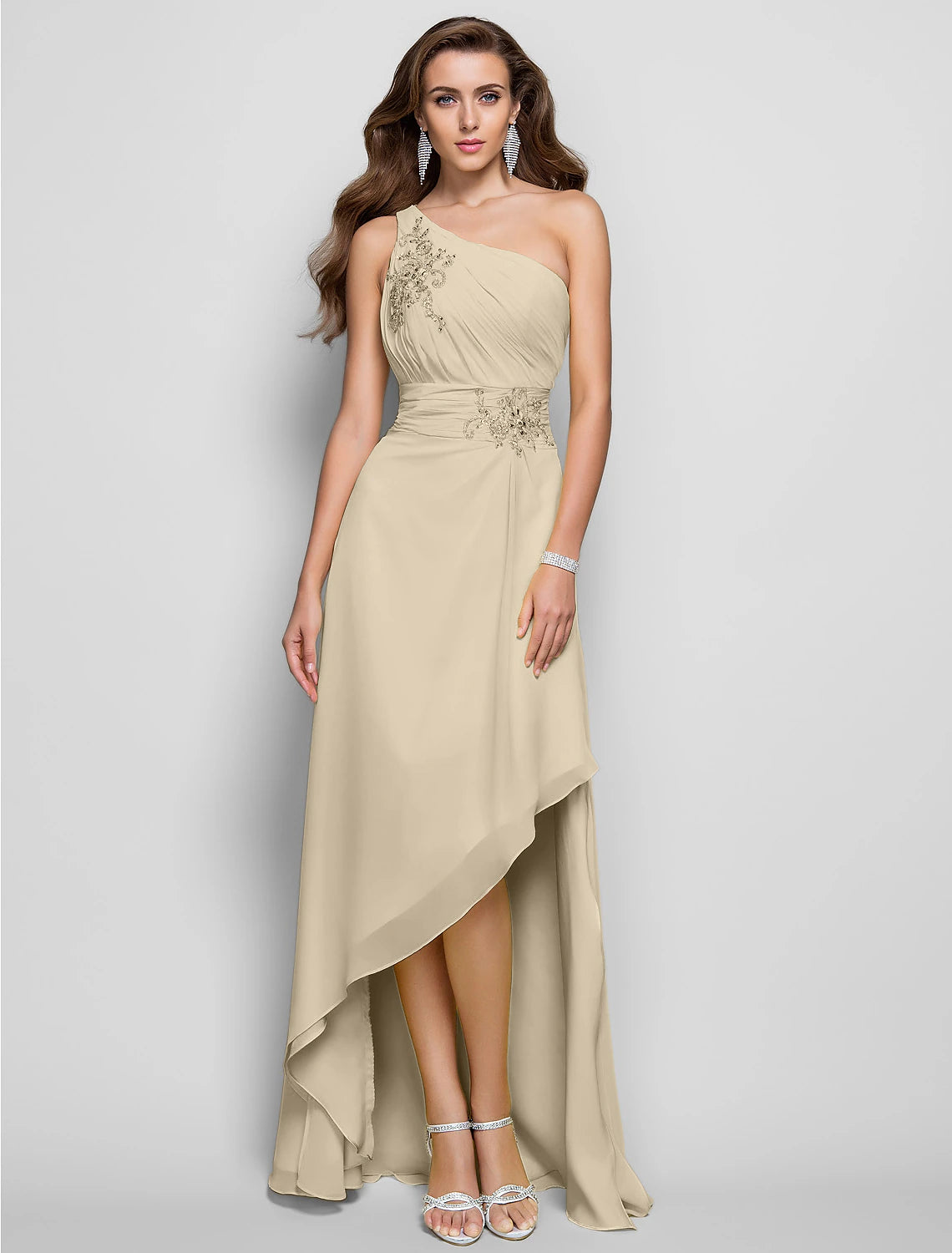 Sheath / Column Elegant Dress Wedding Guest Cocktail Party Asymmetrical Sleeveless One Shoulder Bridesmaid Dress Chiffon with Beading Slit Appliques