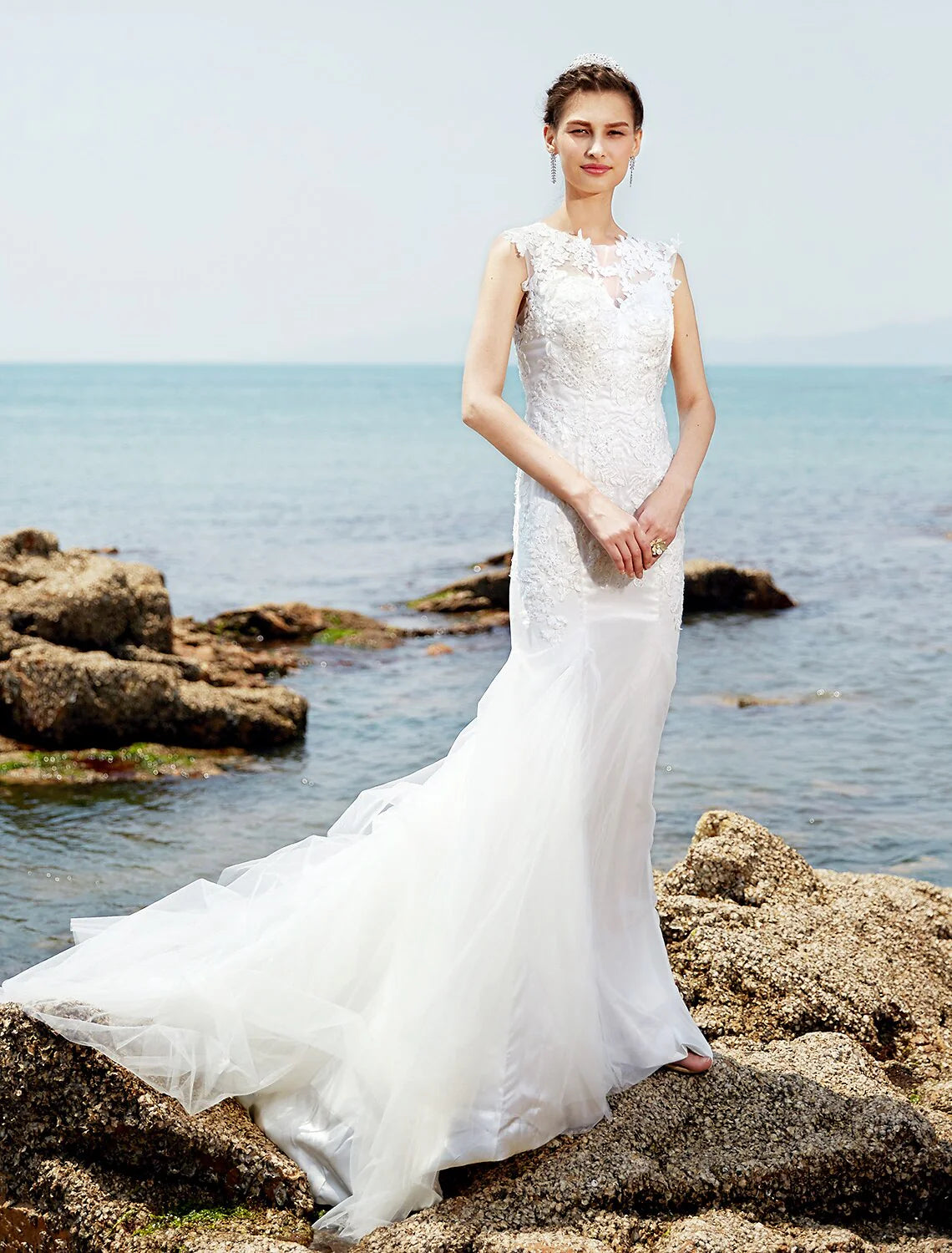 DingjiMermaid / Trumpet Bateau Neck Sweep / Brush Train Lace / Tulle Made-To-Measure Wedding Dresses with Lace / Ruched