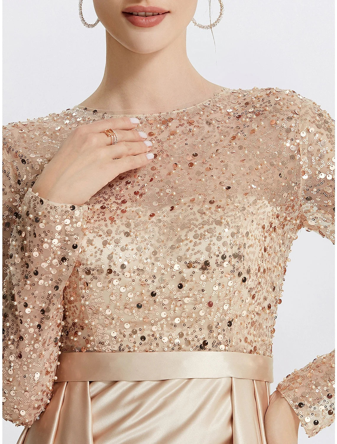 DingjiMermaid / Trumpet Evening Gown Elegant Dress Formal Prom Floor Length Long Sleeve Jewel Neck Sequined with Glitter Sequin