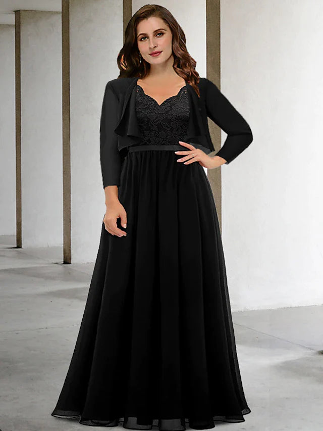 Two Piece A-Line Plus Size Curve Mother of the Bride Dresses Elegant Dress Formal Floor Length Short Sleeve V Neck Chiffon with Appliques