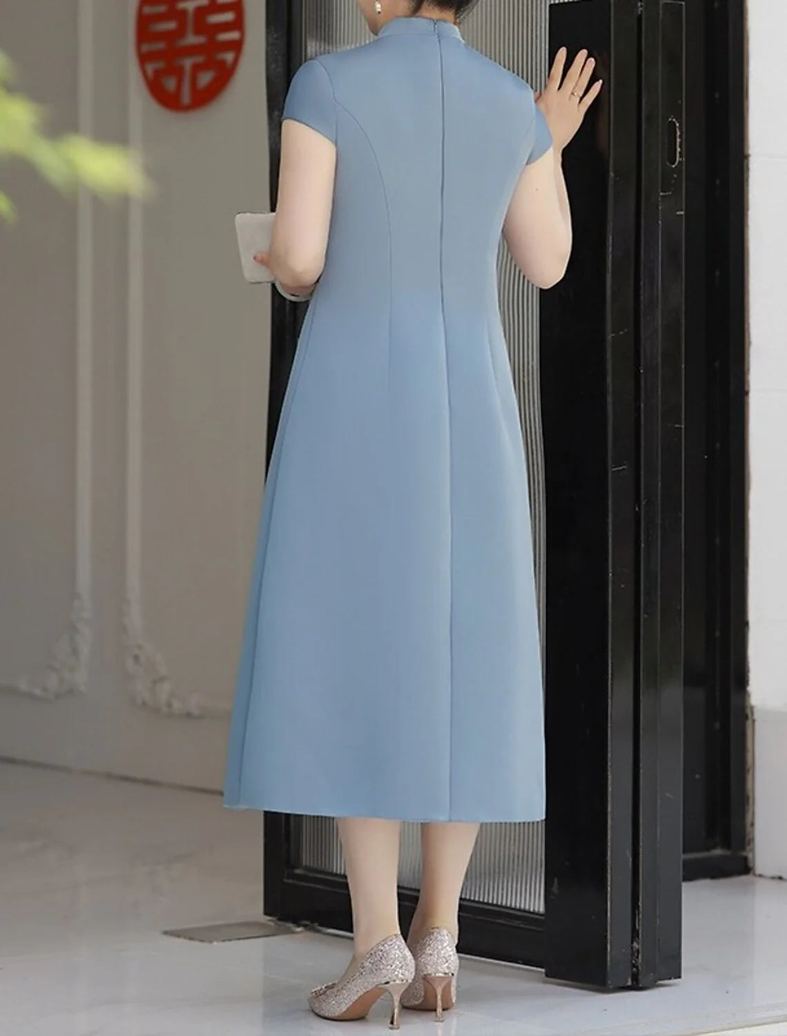 DingjiA-Line Cocktail Dresses Elegant Dress Wedding Party Tea Length Short Sleeve Stand Collar Satin with Appliques