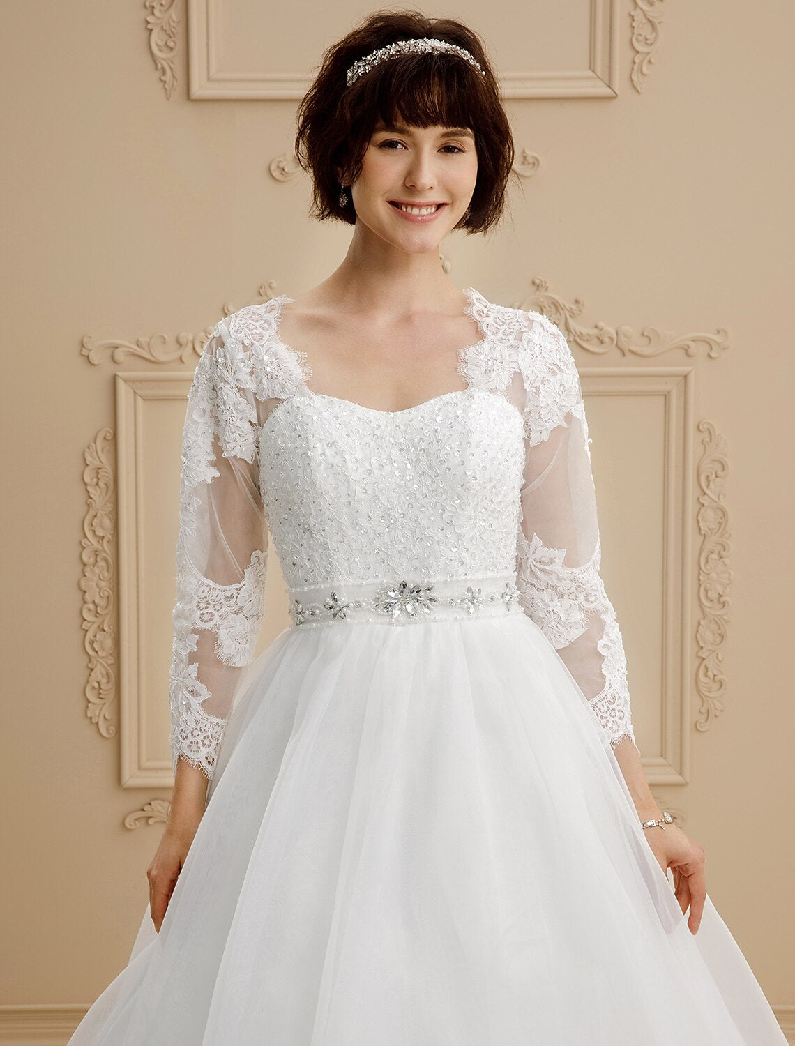 Royal Style Wedding Dresses Ball Gown Queen Anne 3/4 Length Sleeve Chapel Train Lace Bridal Gowns With Sashes / Ribbons Beading