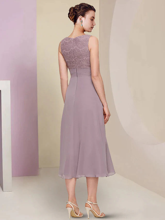 Two Piece Mother of the Bride Dress Wedding Guest Church Elegant Jewel Neck Tea Length Chiffon Lace Half Sleeve with Solid Color