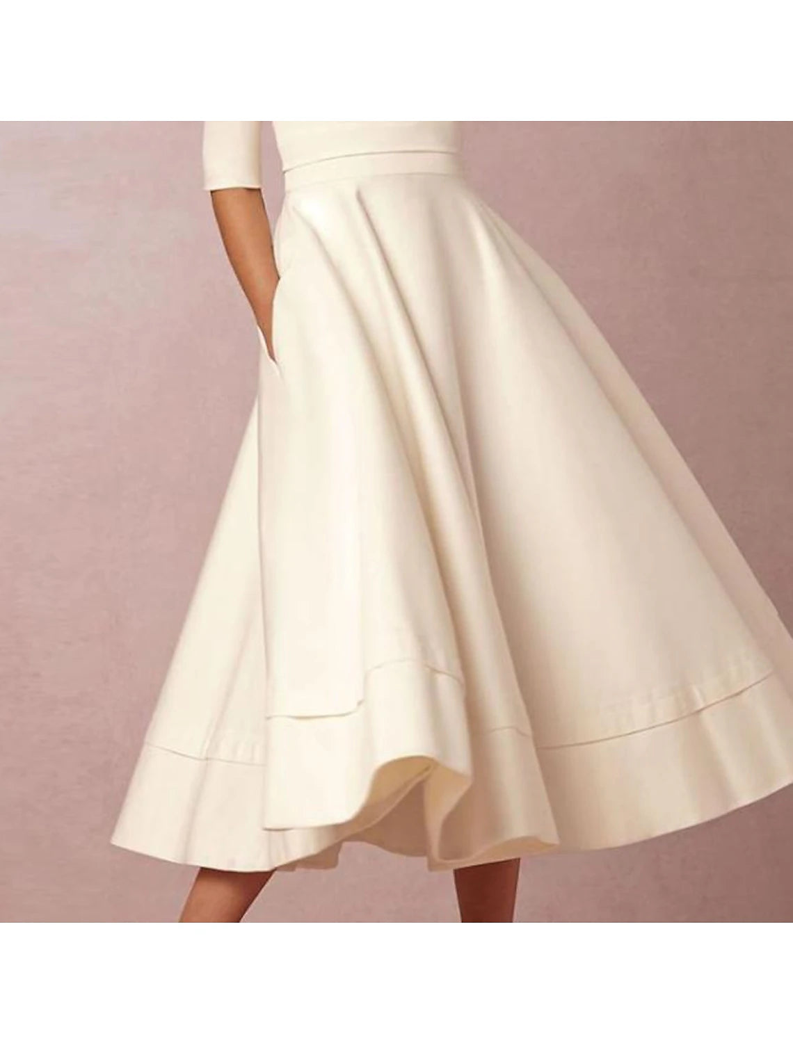 Reception Vintage 1940s / 1950s Little White Dresses Wedding Dresses A-Line V Neck Half Sleeve Tea Length Satin Bridal Gowns With Pleats