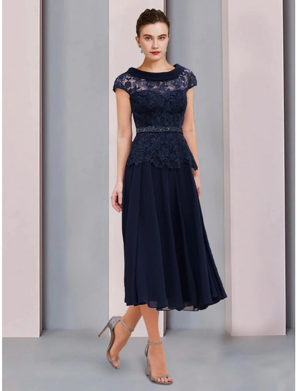 A-Line Mother of the Bride Dress Wedding Guest Elegant Scoop Neck Tea Length Chiffon Lace Short Sleeve with Sequin Ruching Solid Color