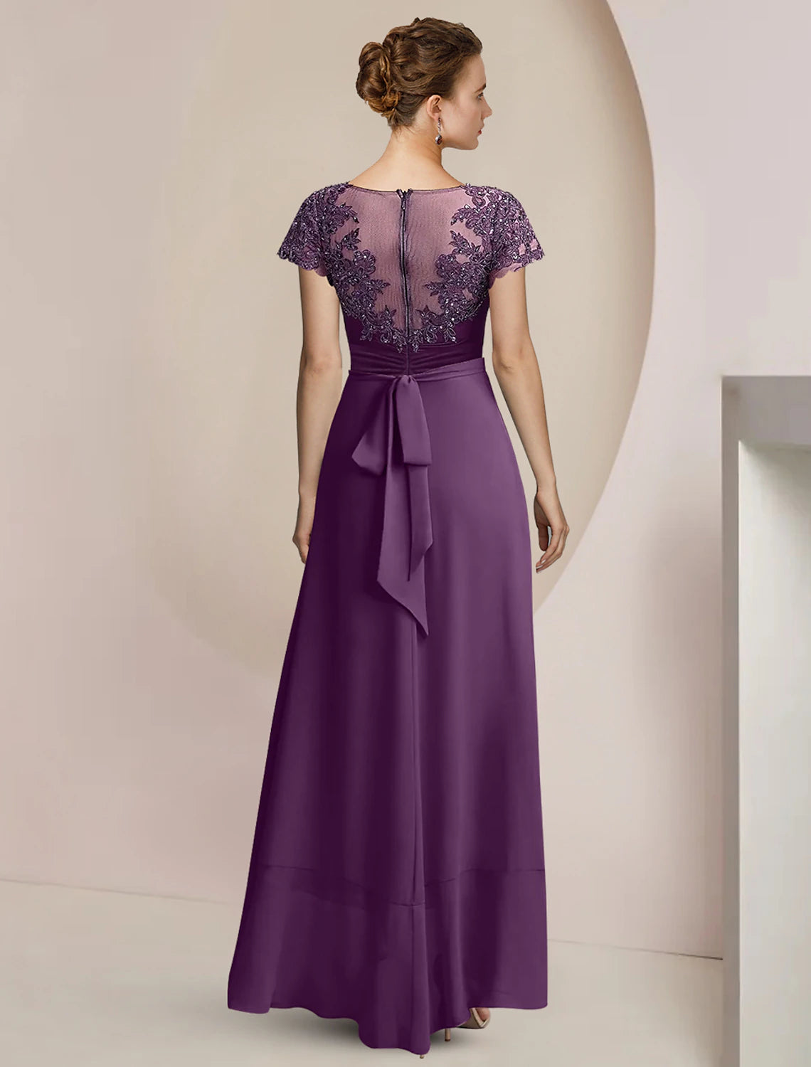 A-Line Mother of the Bride Dress Formal Wedding Guest Party Elegant Scoop Neck Asymmetrical Tea Length Chiffon Lace Short Sleeve with Beading Sequin Appliques 2023