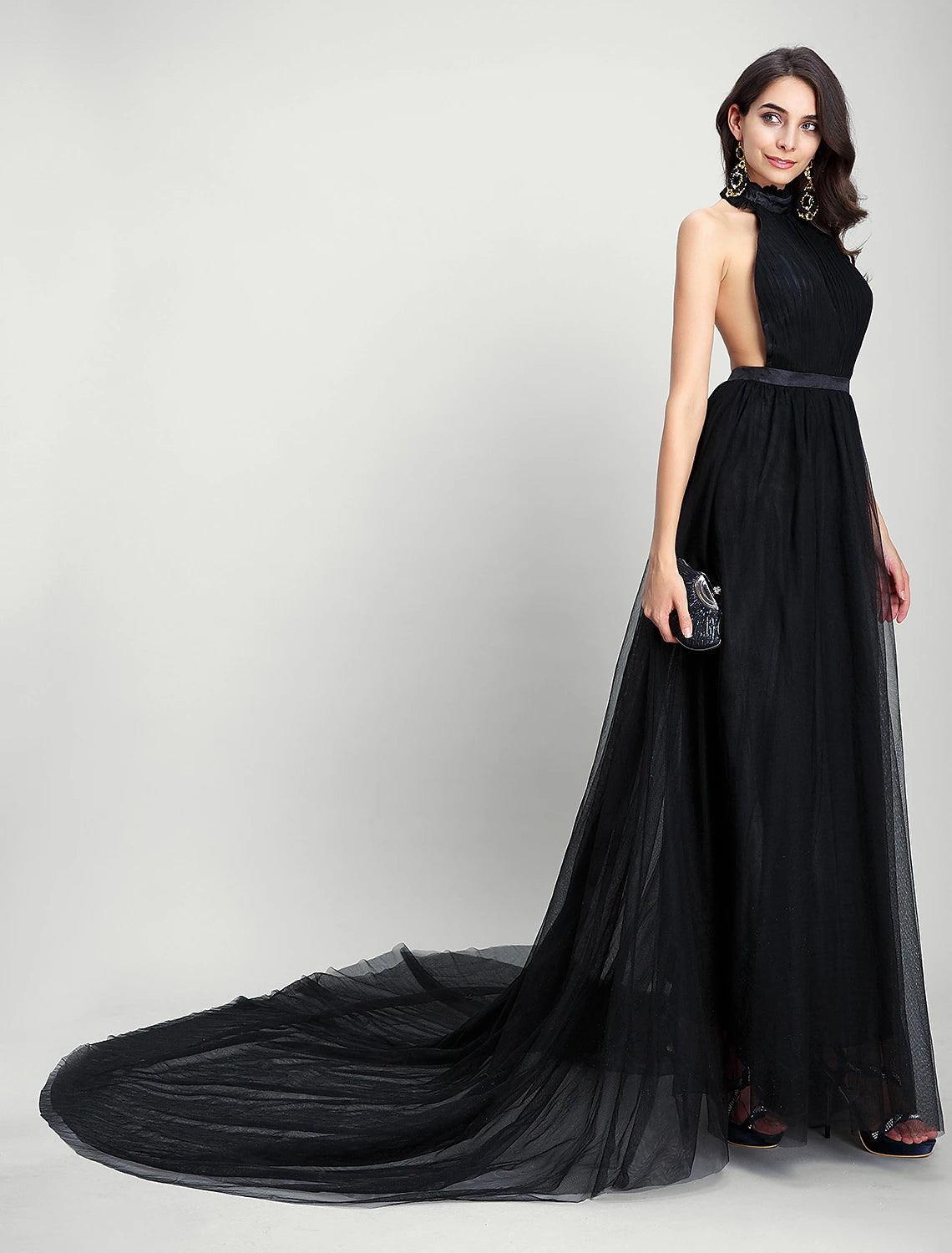 A-Line Celebrity Style Dress Formal Evening Chapel Train Sleeveless Halter Neck Tulle with Draping