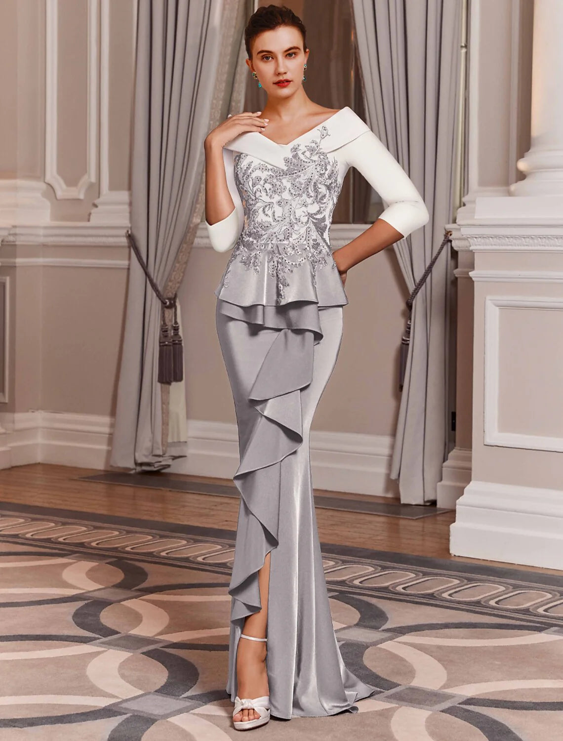 DingjiMermaid / Trumpet Mother of the Bride Dress Wedding Guest Elegant Off Shoulder Sweep / Brush Train Satin 3/4 Length Sleeve with Sequin Ruffles Ruching