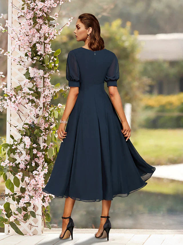 DingjiSheath / Column Mother of the Bride Dress Minimalist Elegant V Neck Tea Length Satin Short Sleeve with Ruching Solid Color