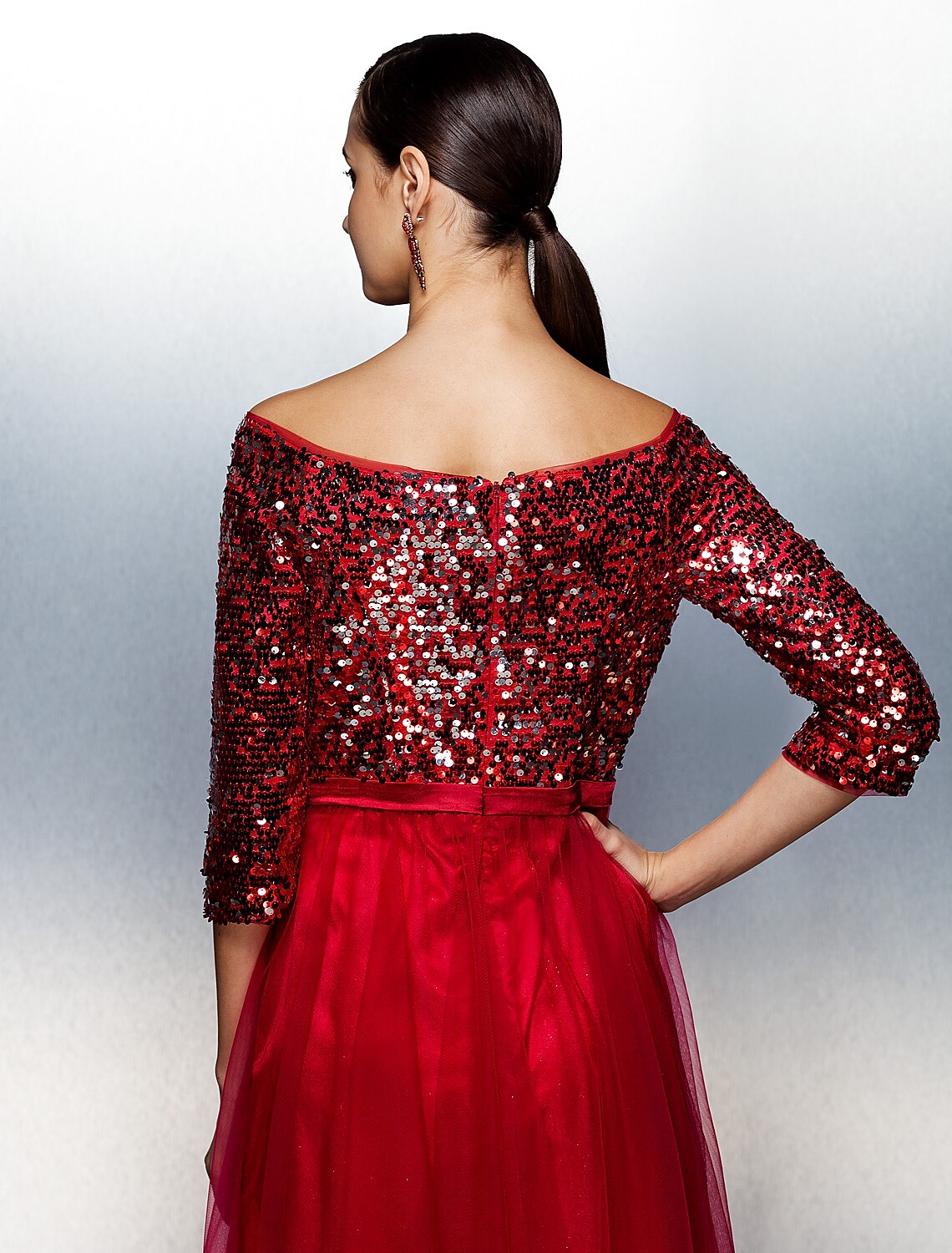 A-Line Bateau Neck / Boat Neck Floor Length Tulle / Sequined Sparkle & Shine / Beaded & Sequin Prom / Formal Evening Dress with Sash / Ribbon / Sequin