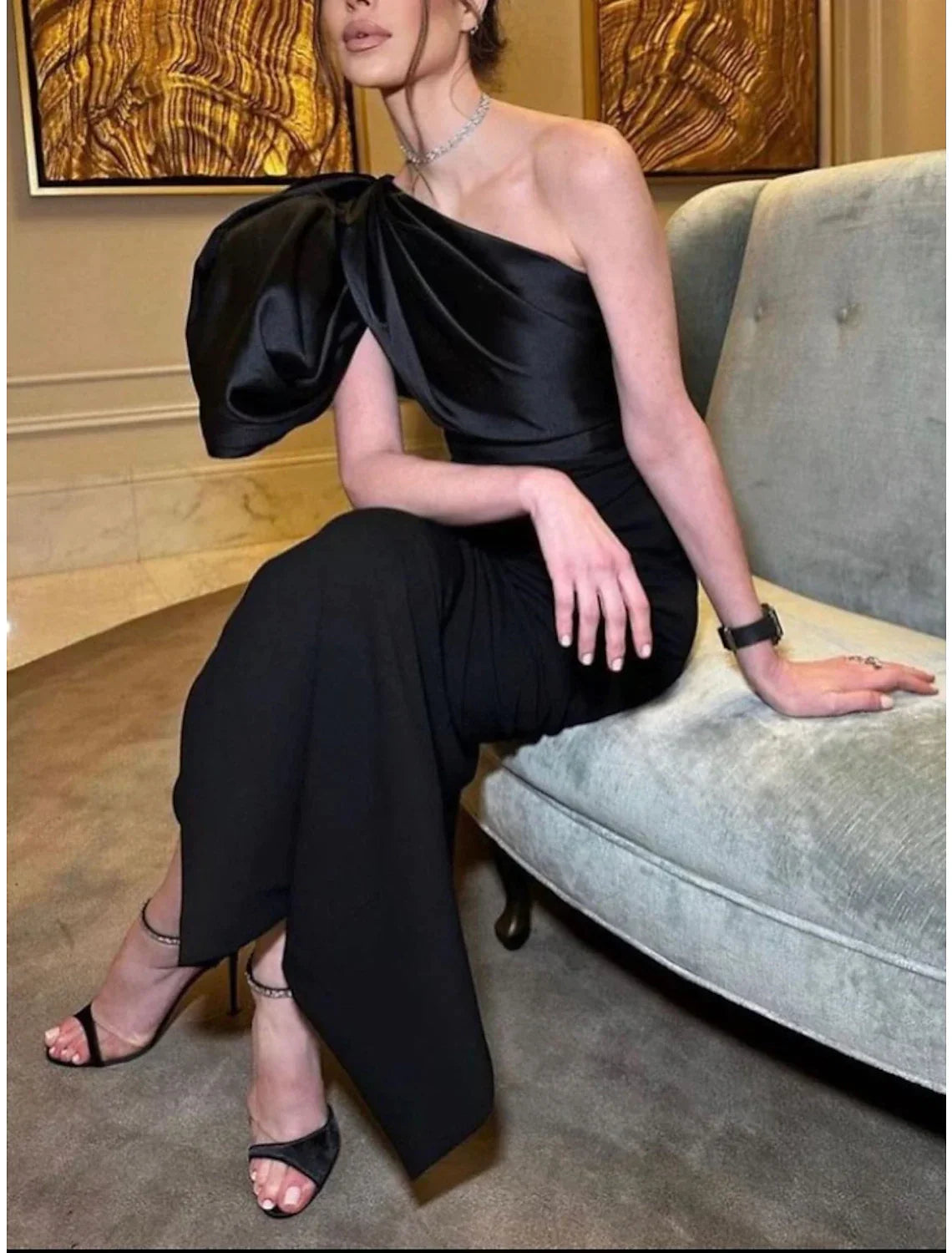 Sheath / Column Evening Gown Elegant Dress Formal Ankle Length Black Dress Short Sleeve One Shoulder Satin with Ruched