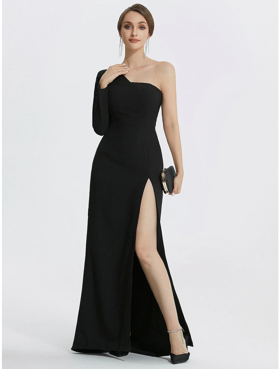 DingjiMermaid Evening Gown Elegant Black Dress Wedding Guest Prom Floor Length Long Sleeve One Shoulder Stretch Fabric with Slit