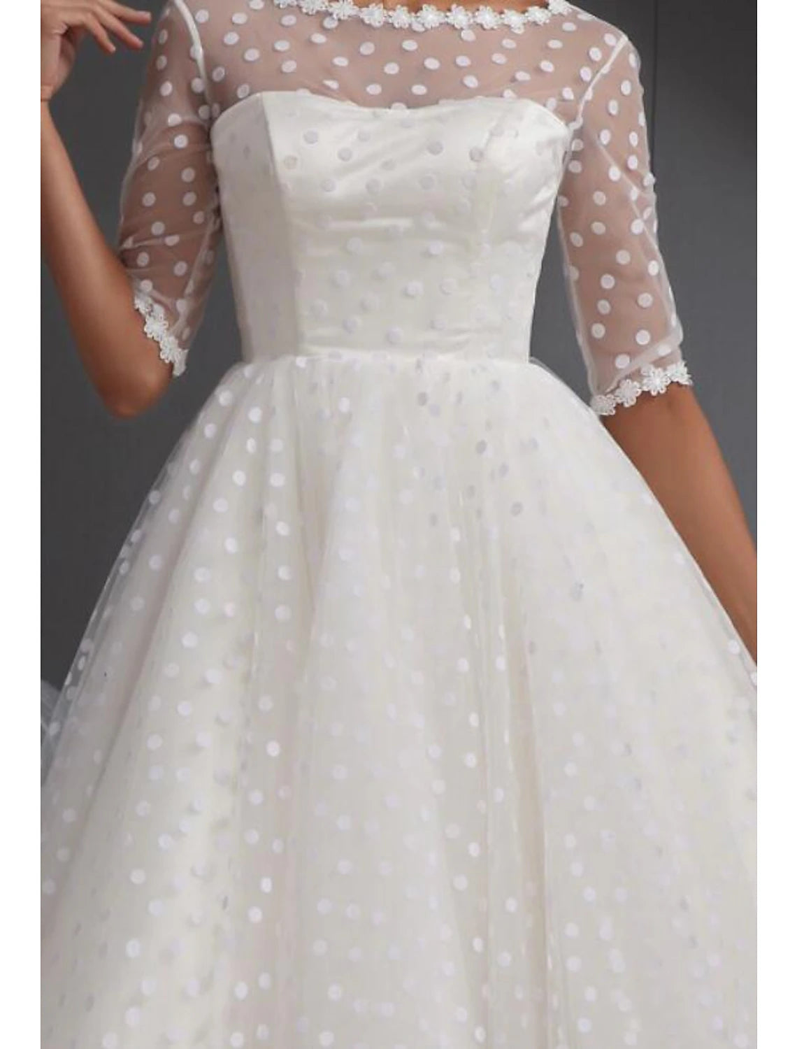 Reception Vintage 1940s / 1950s Simple Wedding Dresses Wedding Dresses A-Line V Neck Half Sleeve Tea Length Lace Bridal Gowns With Appliques