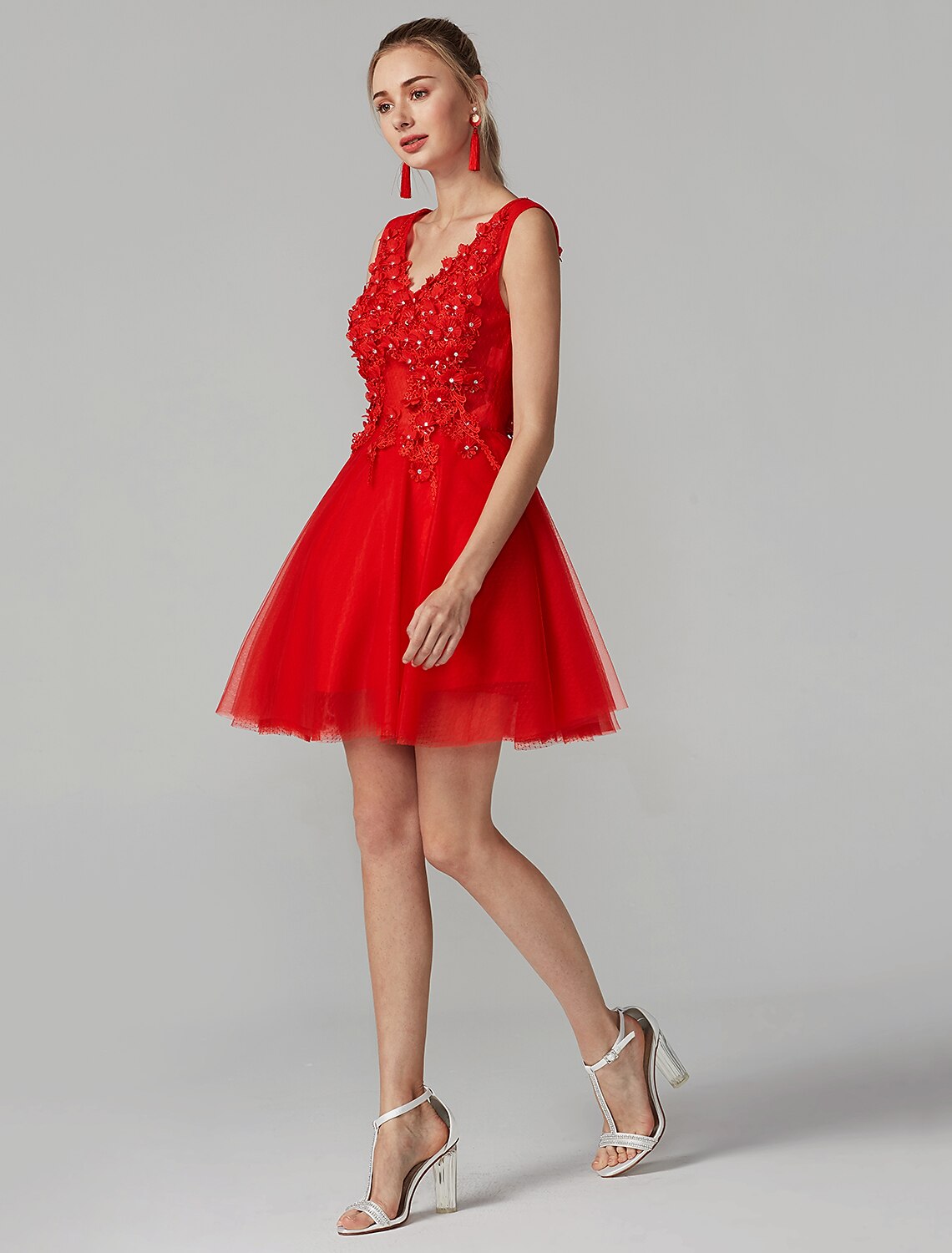 A-Line Party Dress Homecoming Short / Mini Sleeveless V Neck Lace Over Tulle with Crystals Appliques
