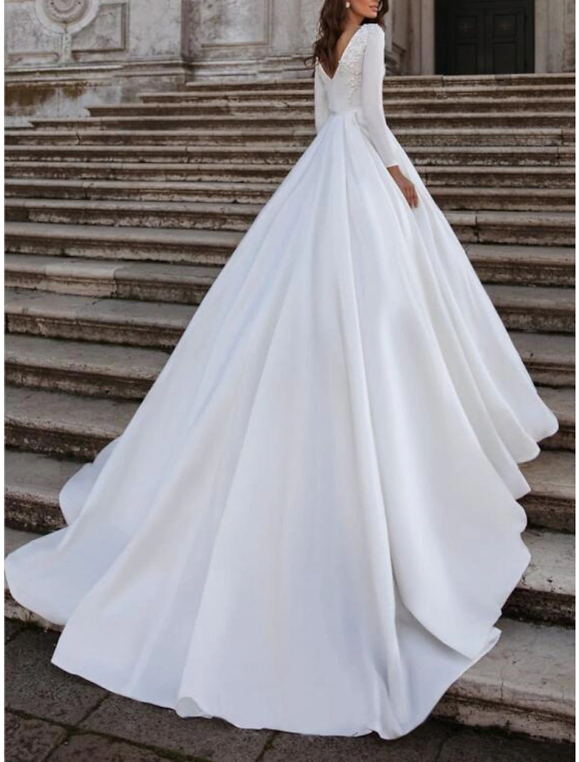 Formal Fall Wedding Dresses A-Line Scoop Neck Long Sleeve Sweep / Brush Train Satin Bridal Gowns With Pleats Appliques Summer Wedding Party, Women's Clothing