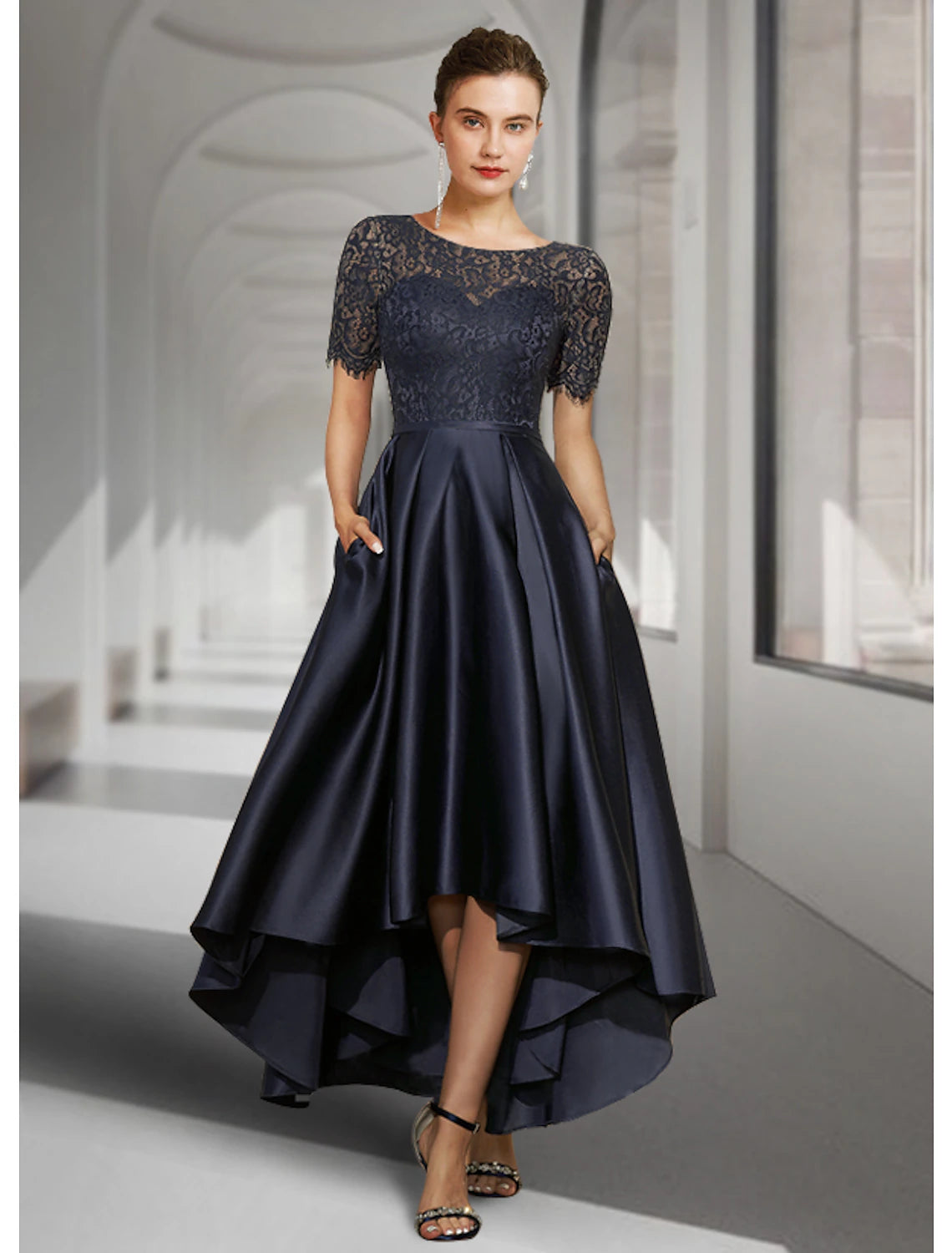 A-Line Mother of the Bride Dress Fall Wedding Guest Elegant High Low Jewel Neck Asymmetrical Tea Length Satin Lace Short Sleeve with Pleats 2023