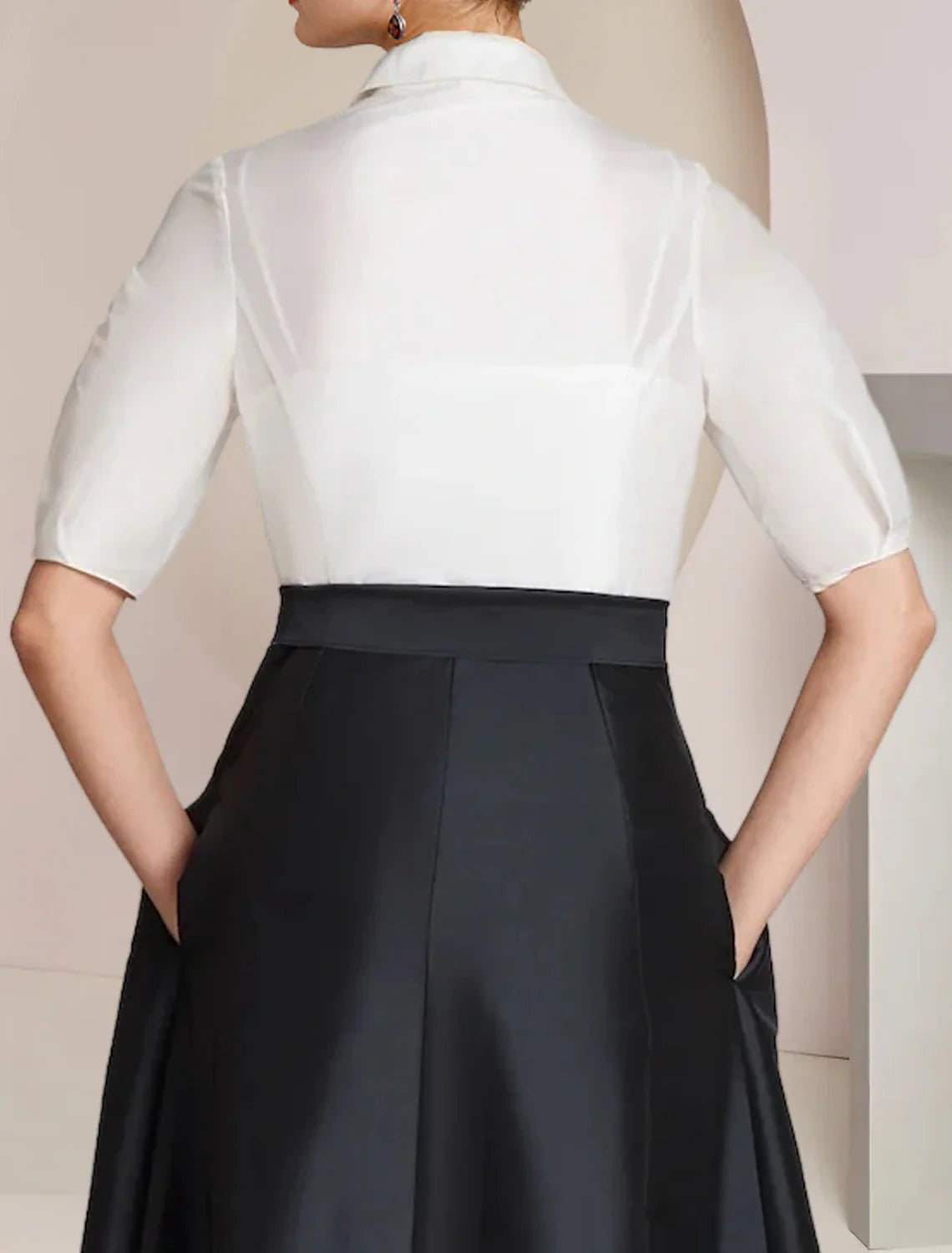 DingjiA-Line Mother of the Bride Dress Formal Wedding Guest Party Elegant Shirt Collar Floor Length Taffeta Short Sleeve with Bow(s) Color Block