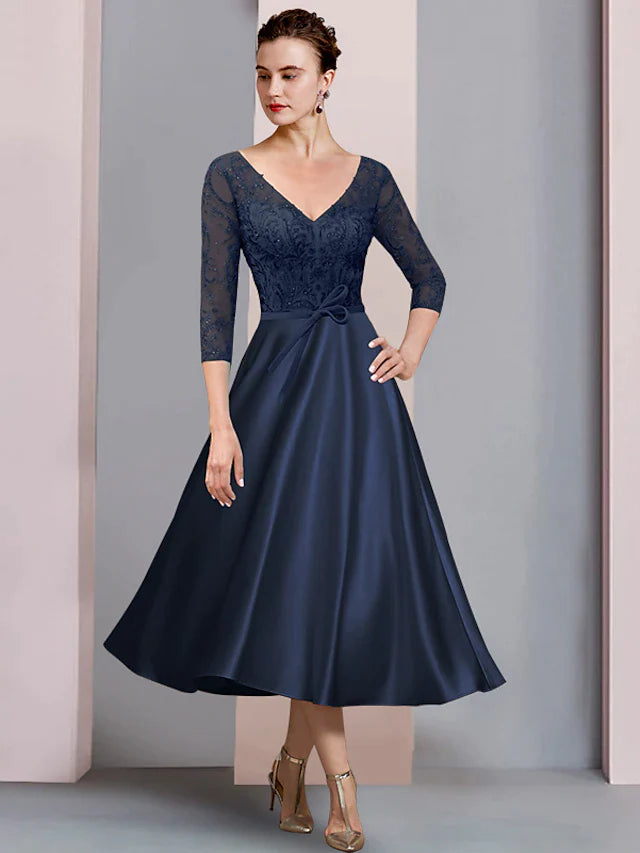 A-Line Mother of the Bride Dress Formal Wedding Guest Elegant V Neck Tea Length Satin Lace 3/4 Length Sleeve with Bow(s) Appliques