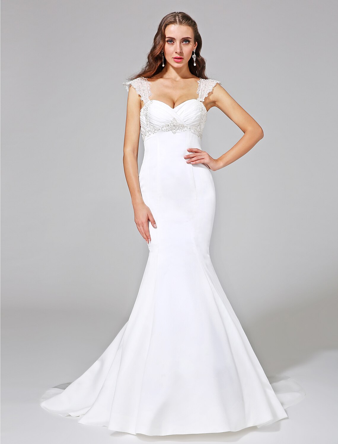 Wedding Dresses Mermaid / Trumpet Sweetheart Cap Sleeve Court Train Satin Bridal Gowns With Beading Criss-Cross