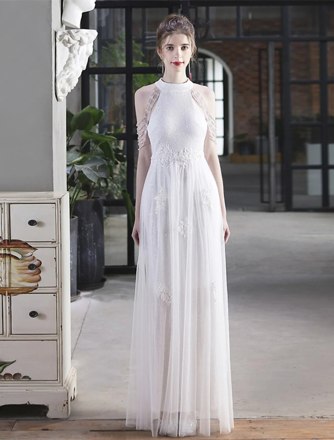 DingjiA-Line Prom Dresses Sparkle & Shine Dress Party Wear Floor Length Short Sleeve High Neck Polyester with Sequin Appliques