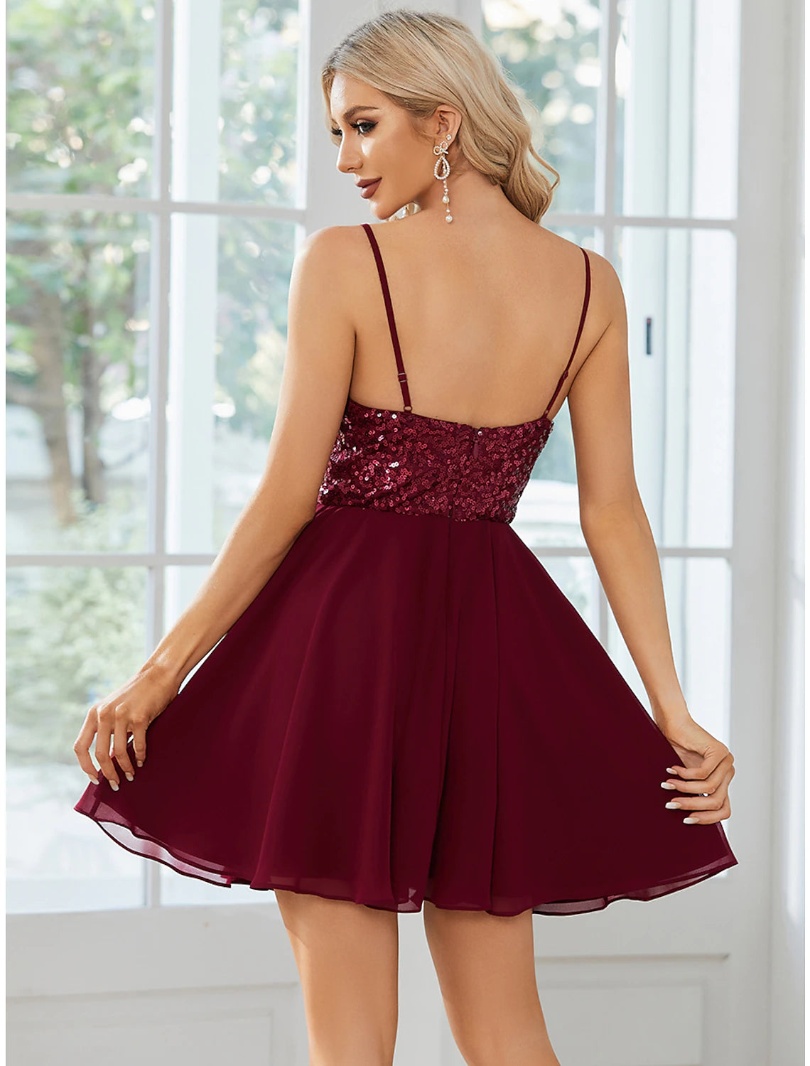 A-Line Homecoming Dresses Sexy Dress Party Wear Short / Mini Sleeveless Spaghetti Strap Chiffon with Pleats Sequin